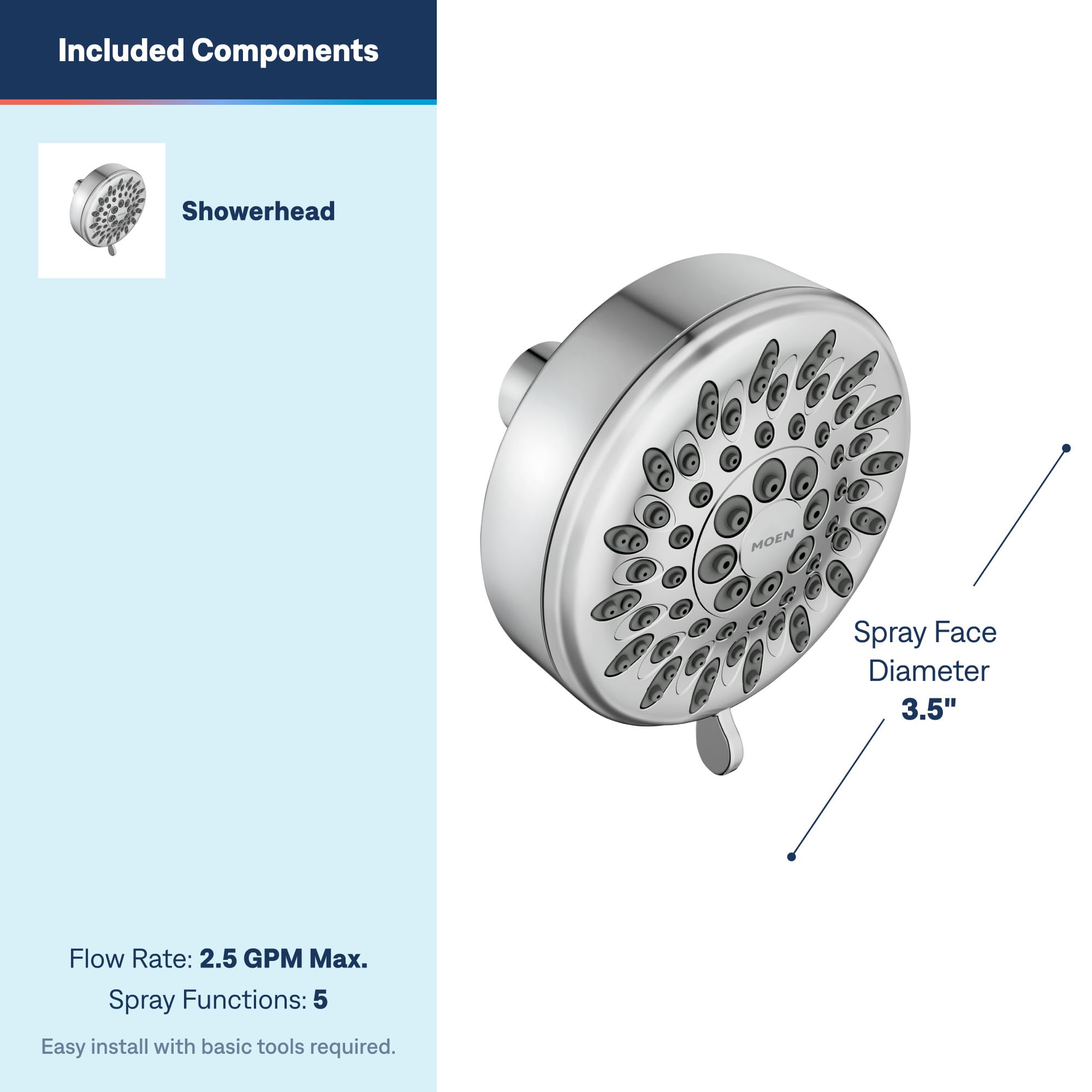 Moen Ignite nozzle close-up showing ports and benefit: focused pressure