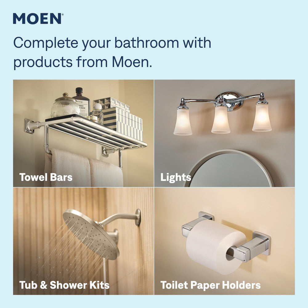 Moen Ignite packaging and label showing model info and benefit: warranty-backed