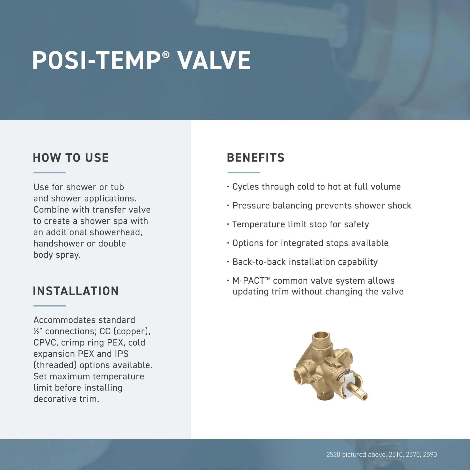 Moen PosiTemp 2510 brass body close-up showing durable construction benefit