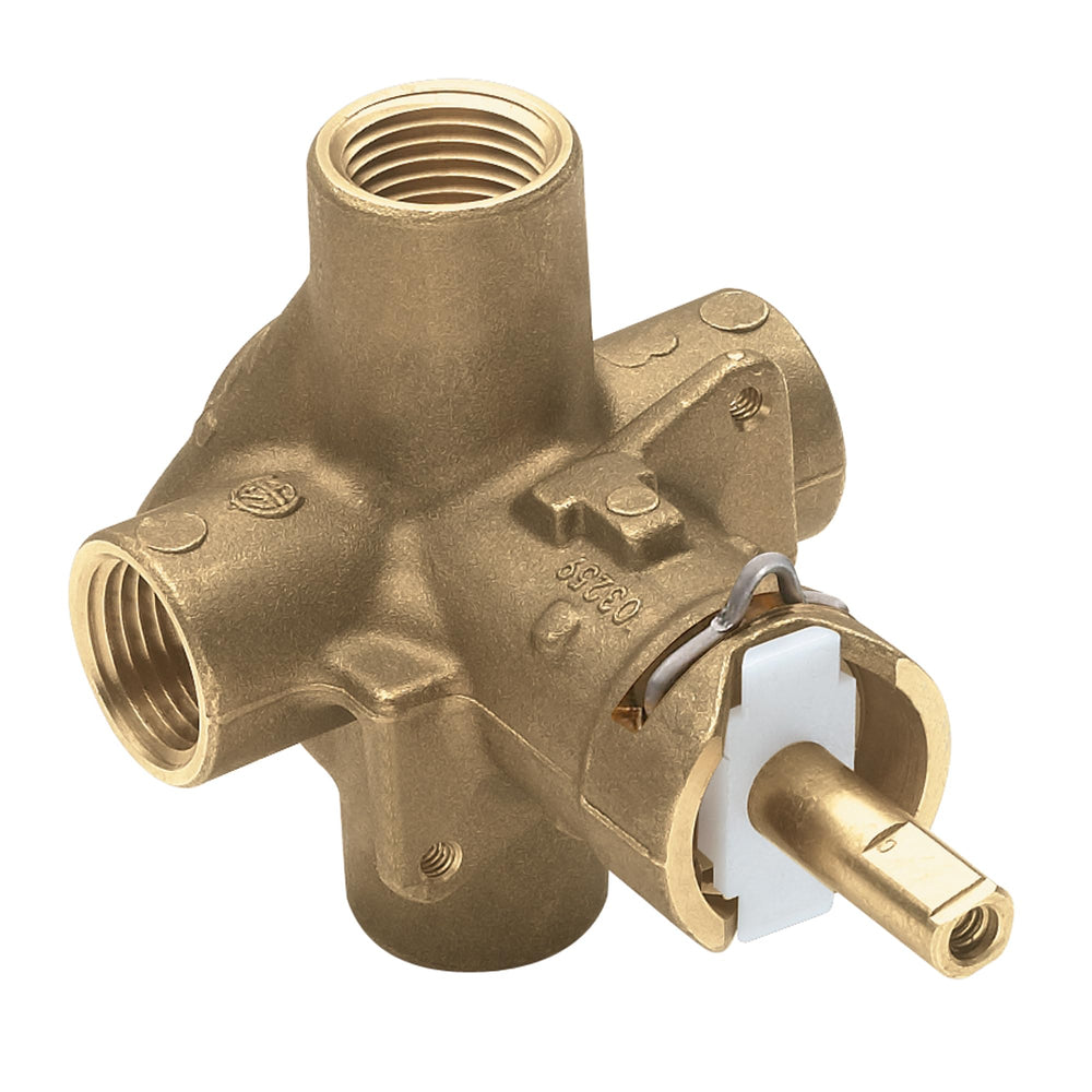 Moen PosiTemp 2510 front view showing valve ports and secure fit benefit
