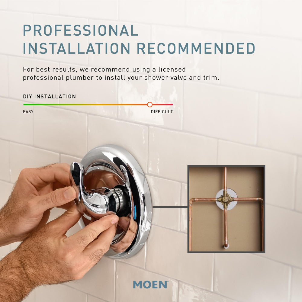 Moen PosiTemp 2510 side connections showing 1/2" IPS ease of installation benefit
