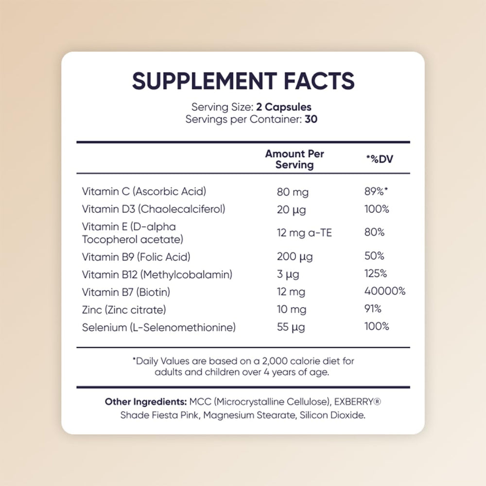 Moerie ingredients laid out to highlight biotin and trace minerals