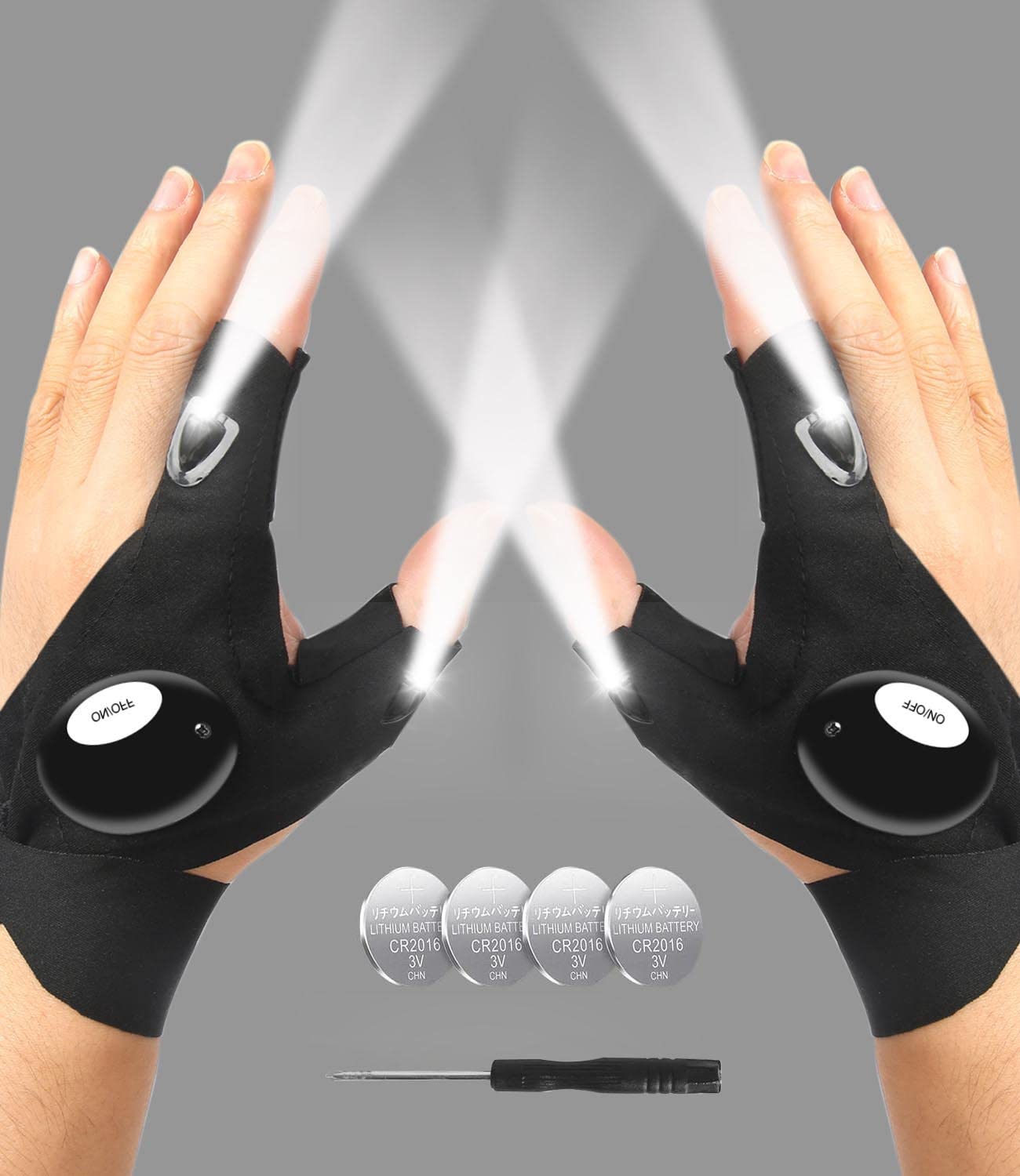MOIPEJO front view showing gloves and fingertip LEDs for hands-free lighting