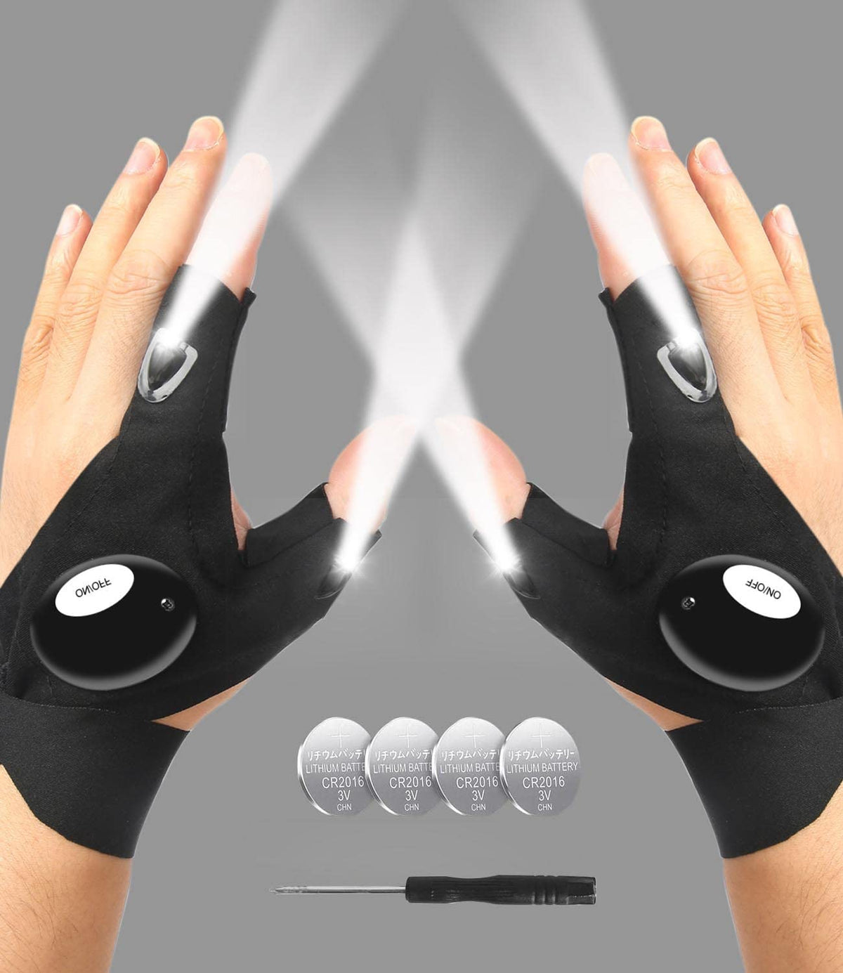 MOIPEJO front view showing gloves and fingertip LEDs for hands-free lighting
