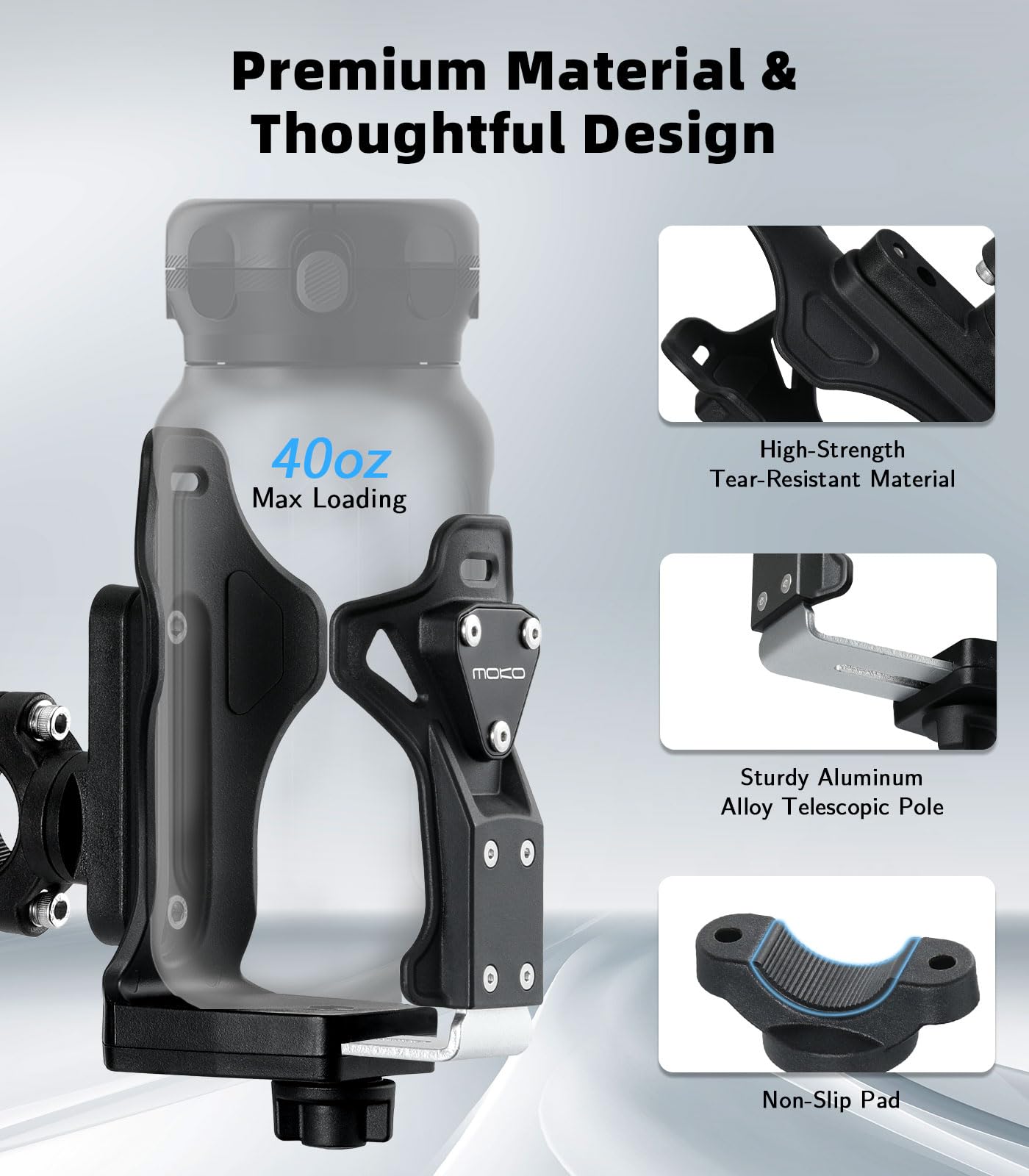 MoKo handlebar clamp with anti-slip pad for stable, wobble-free mounting