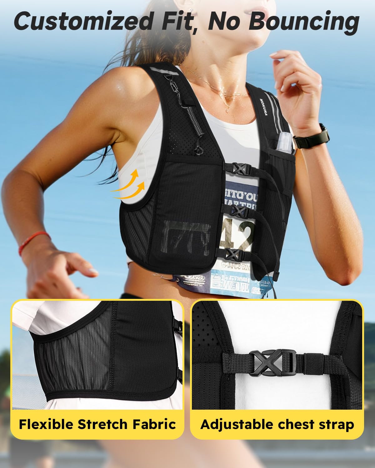 MOKURA vest back view with breathable mesh and reflective panels