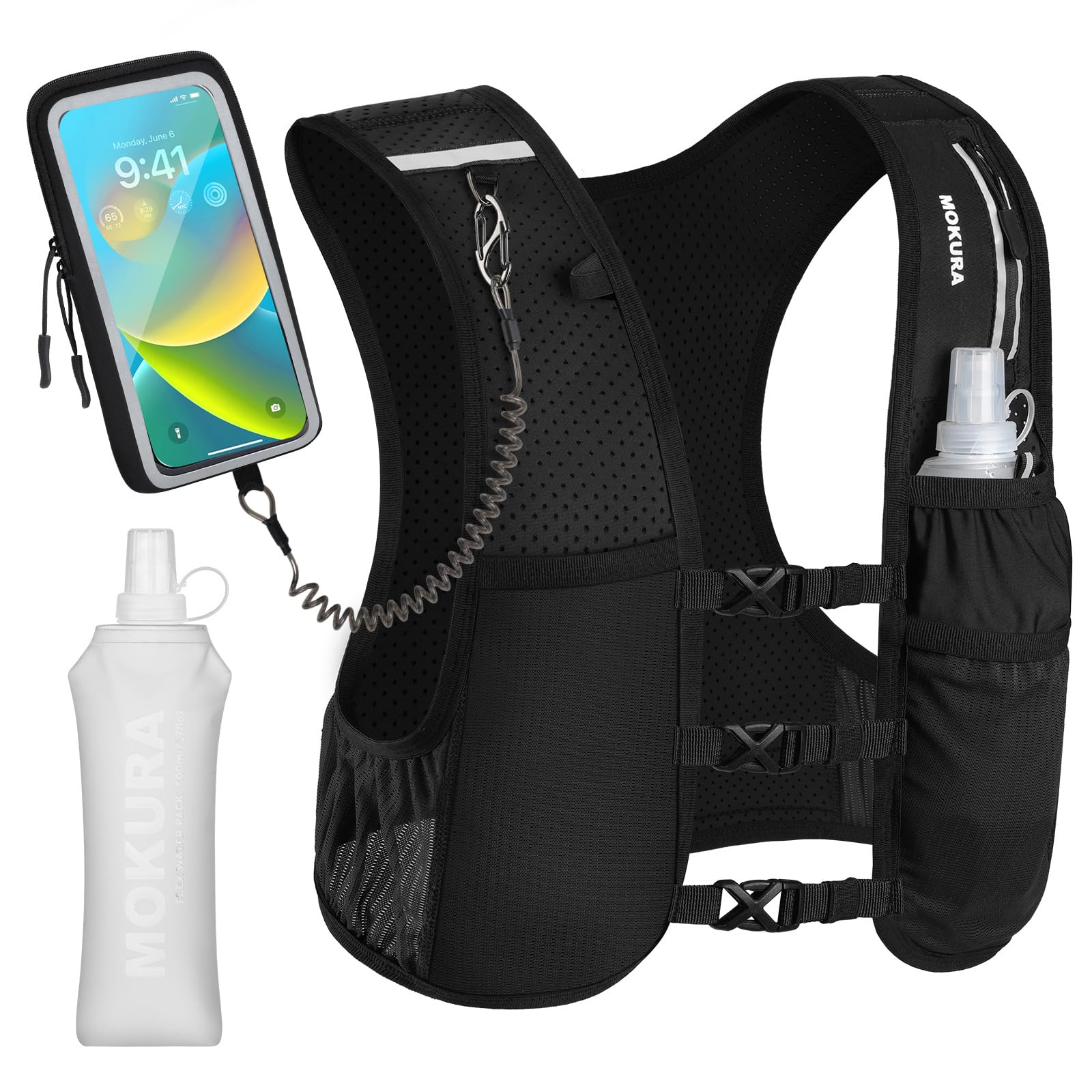 MOKURA vest front view showing pockets and low-bounce fit