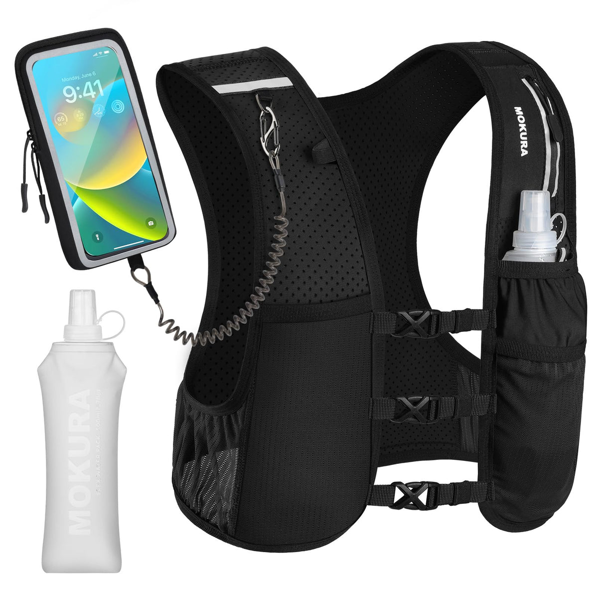 MOKURA vest front view showing pockets and low-bounce fit