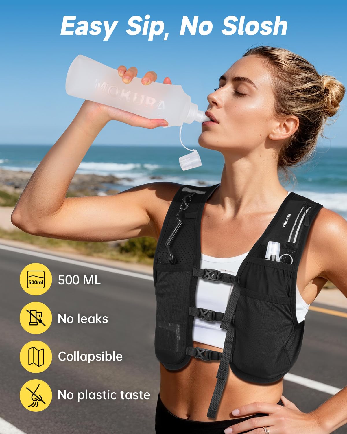 MOKURA vest worn by runner showing hands-free hydration benefit