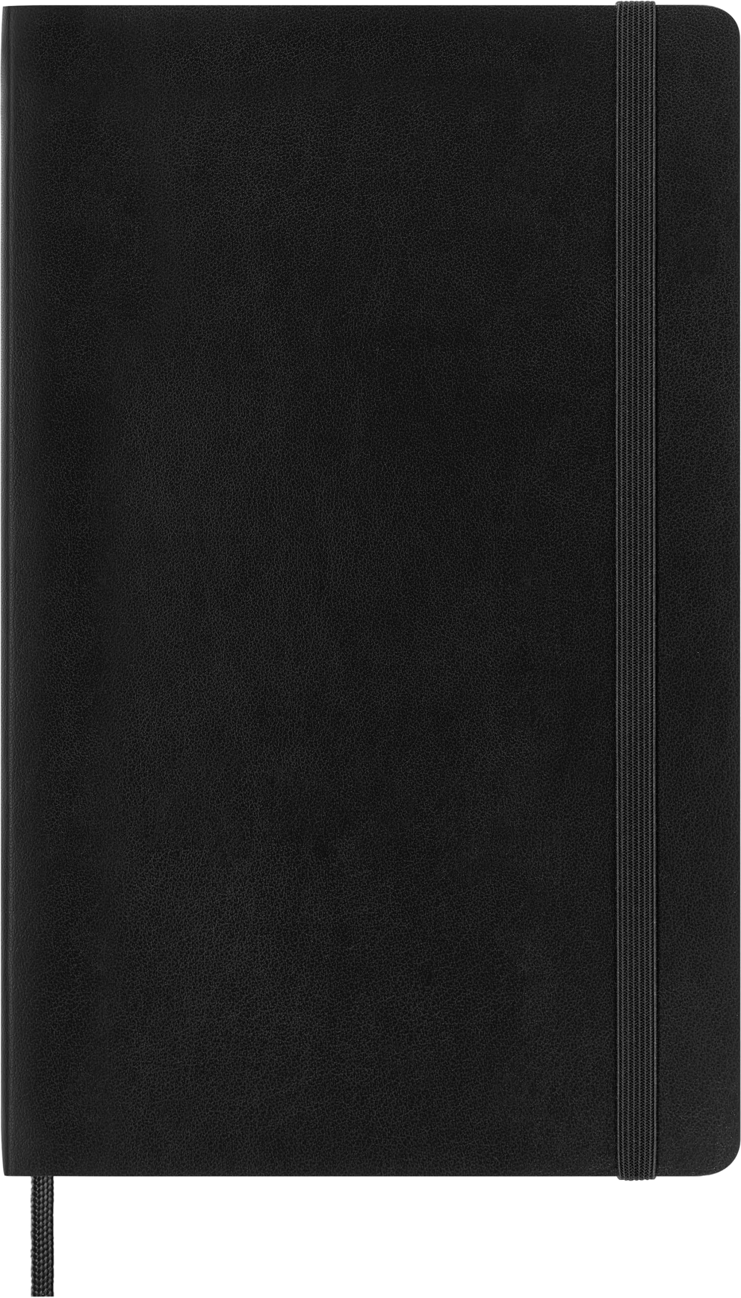 Moleskine elastic band and ribbon bookmark visible for secure storage and quick access