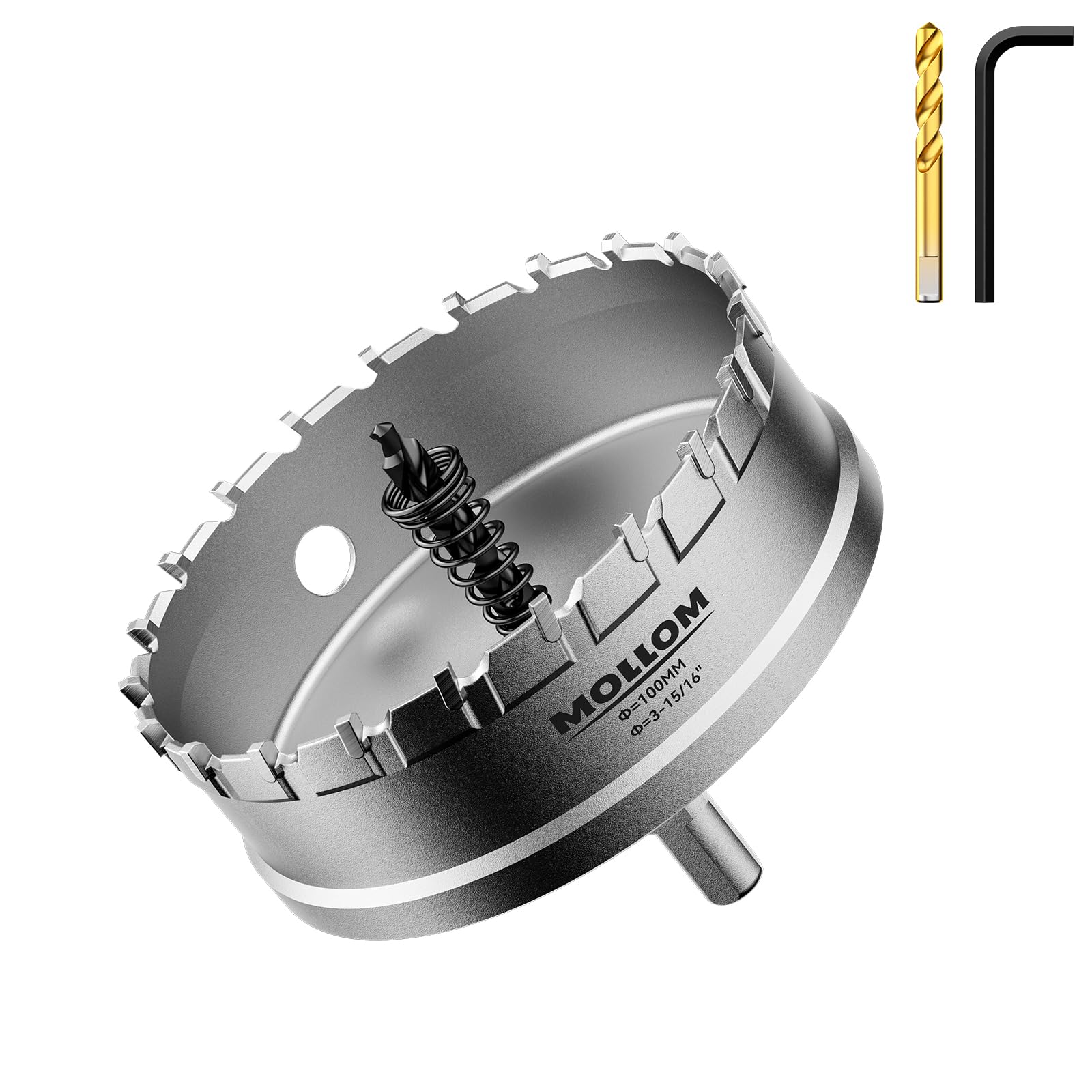 Mollom front packaging showing 100mm hole saw and included bits, durable tool benefit