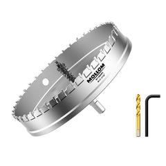 Mollom front packaging showing 180mm hole saw and kit, highlighting ready-to-use convenience