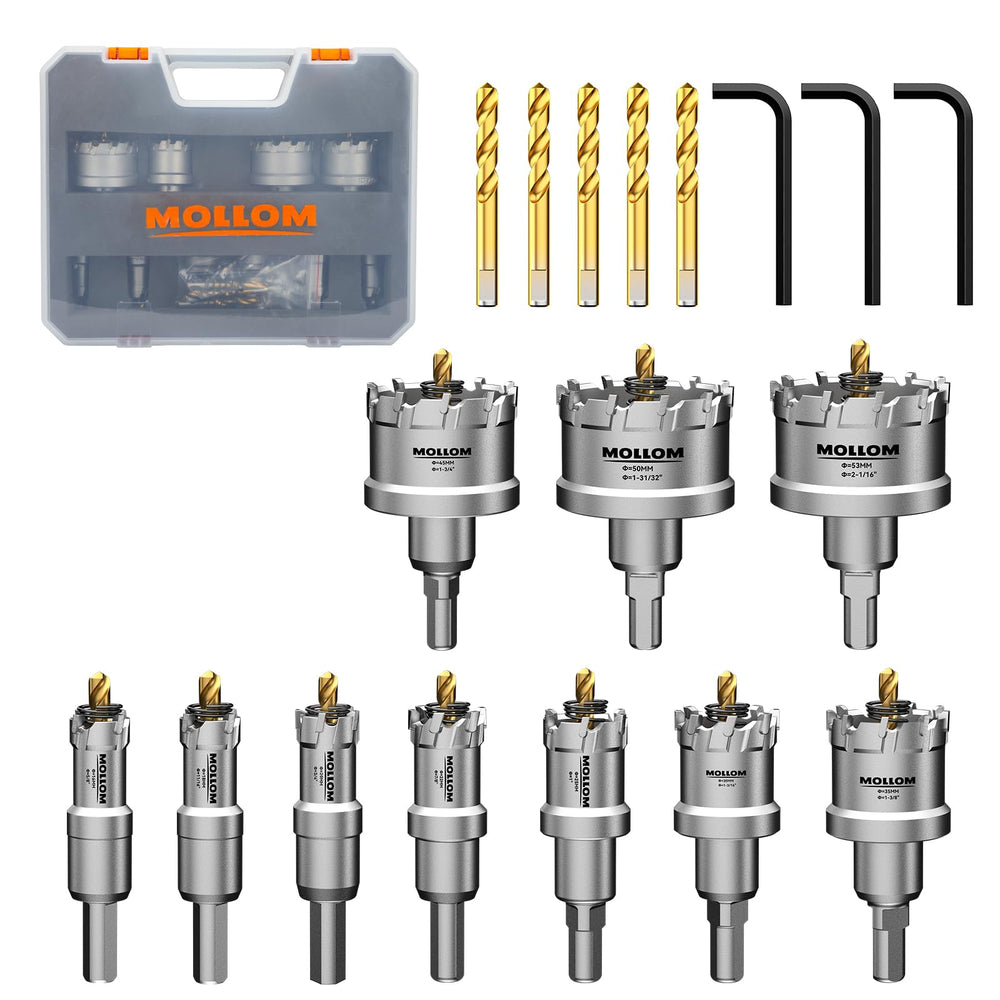Mollom front packaging showing full 10-piece hole saw set and accessories for quick selection