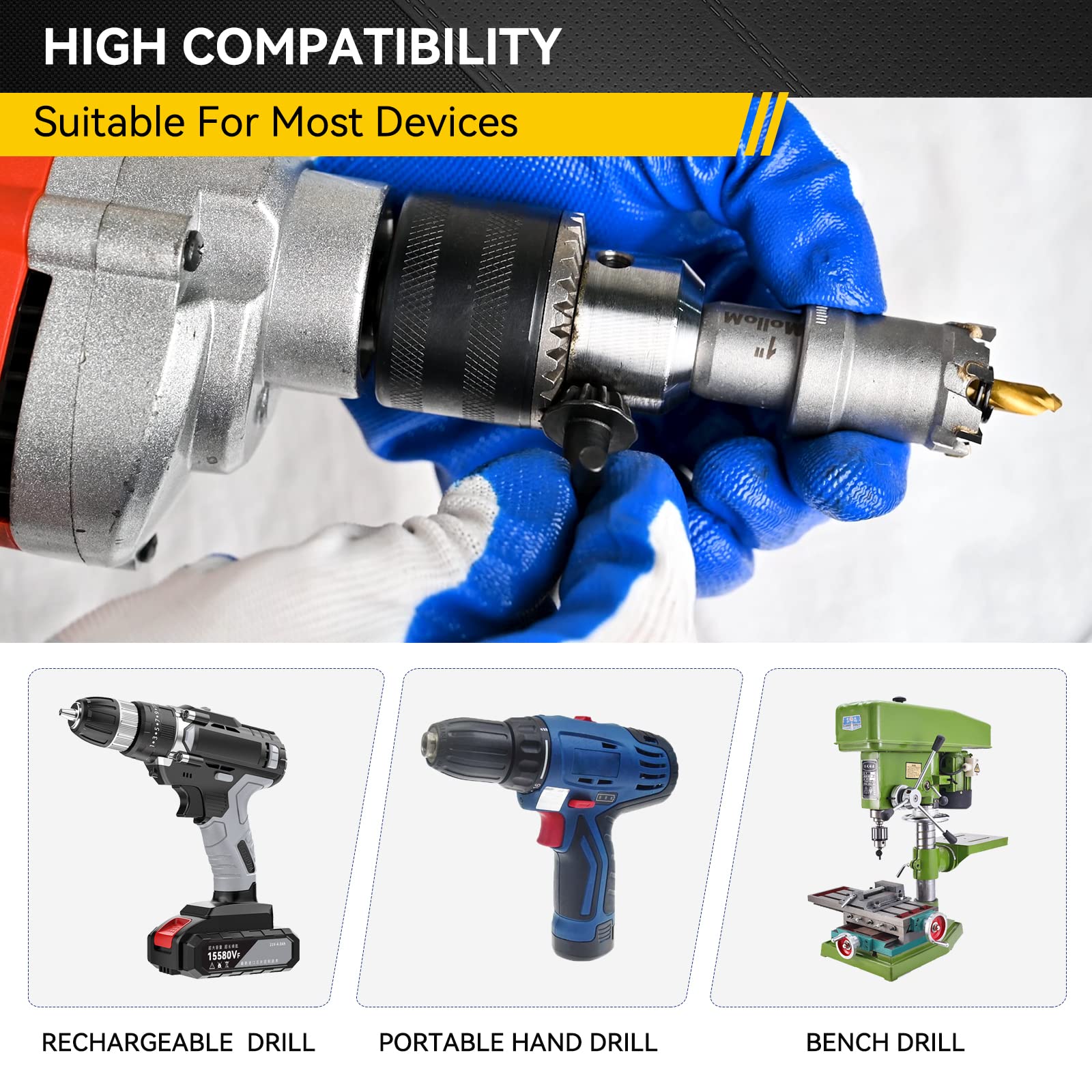 Mollom hole saw mounted on an electric drill demonstrating easy handheld operation
