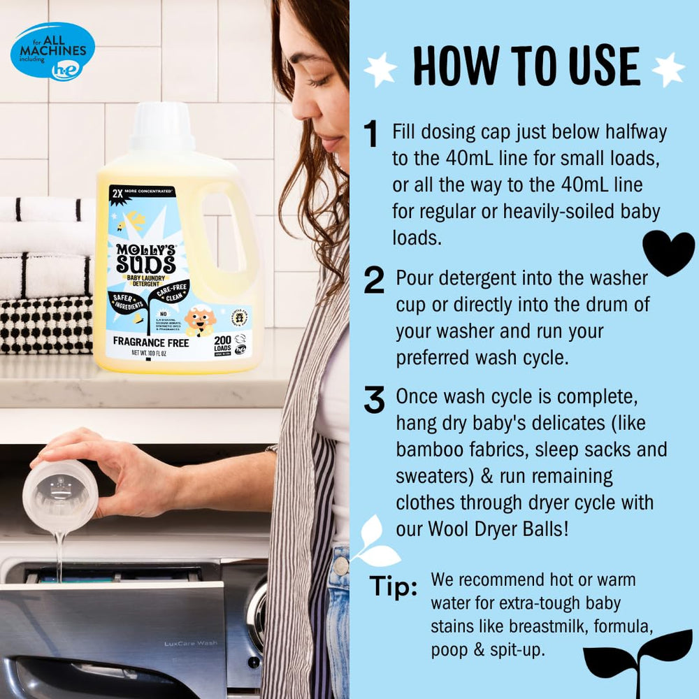Molly's Suds being added to washing machine demonstrating stain-fighting benefit