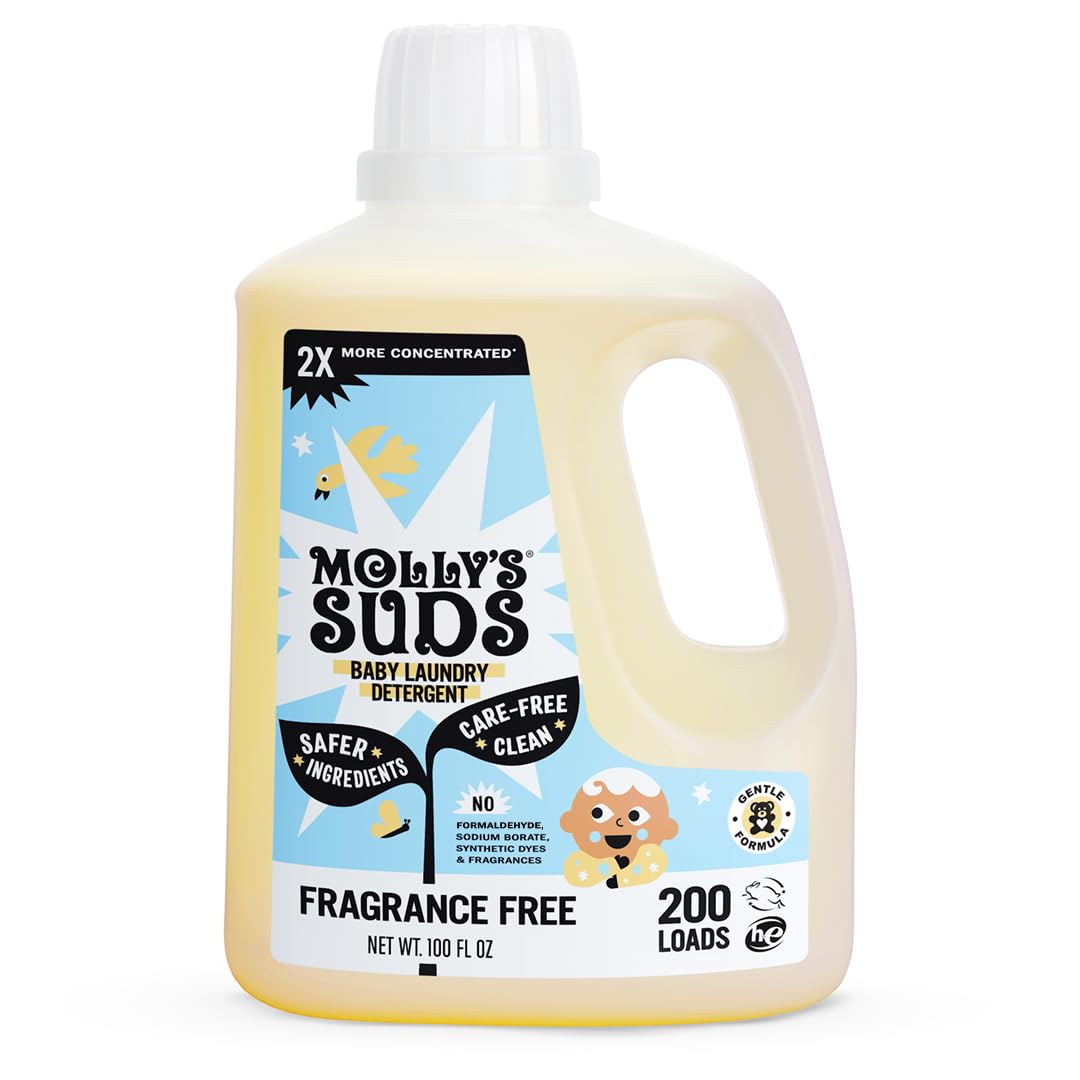 Molly's Suds front label showing scent-free formula and load count benefit