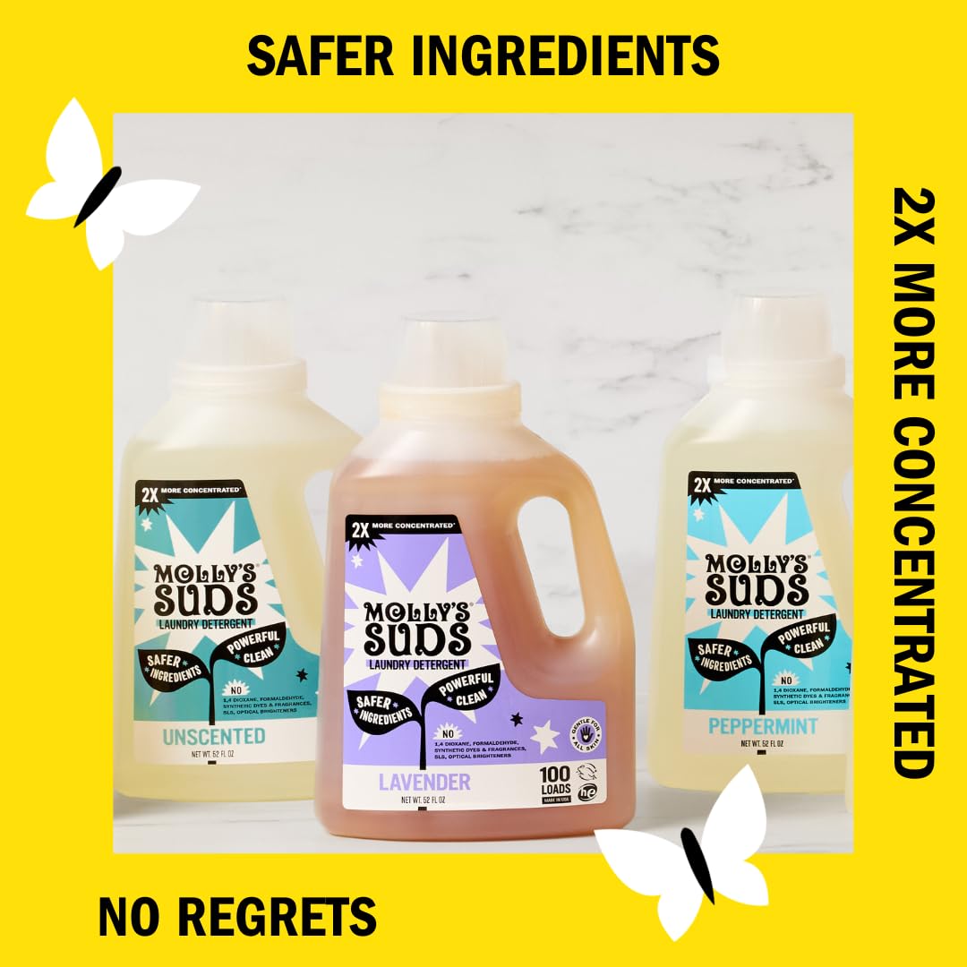 Molly's Suds bottle beside an HE washer showing machine compatibility and ease