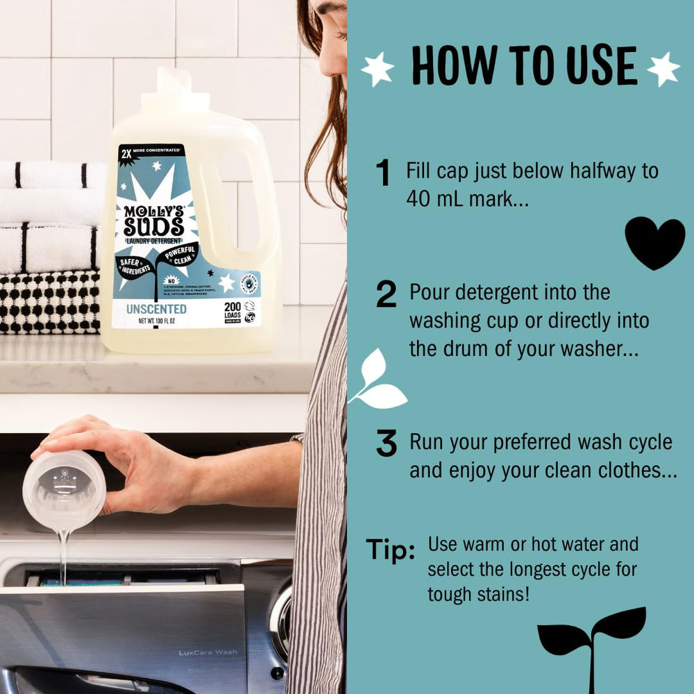 Molly's Suds bottle beside graphic noting 100 loads to show long-lasting value