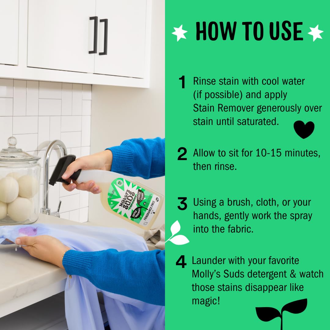 Molly's Suds bottle staged with laundry items illustrating convenient routine use