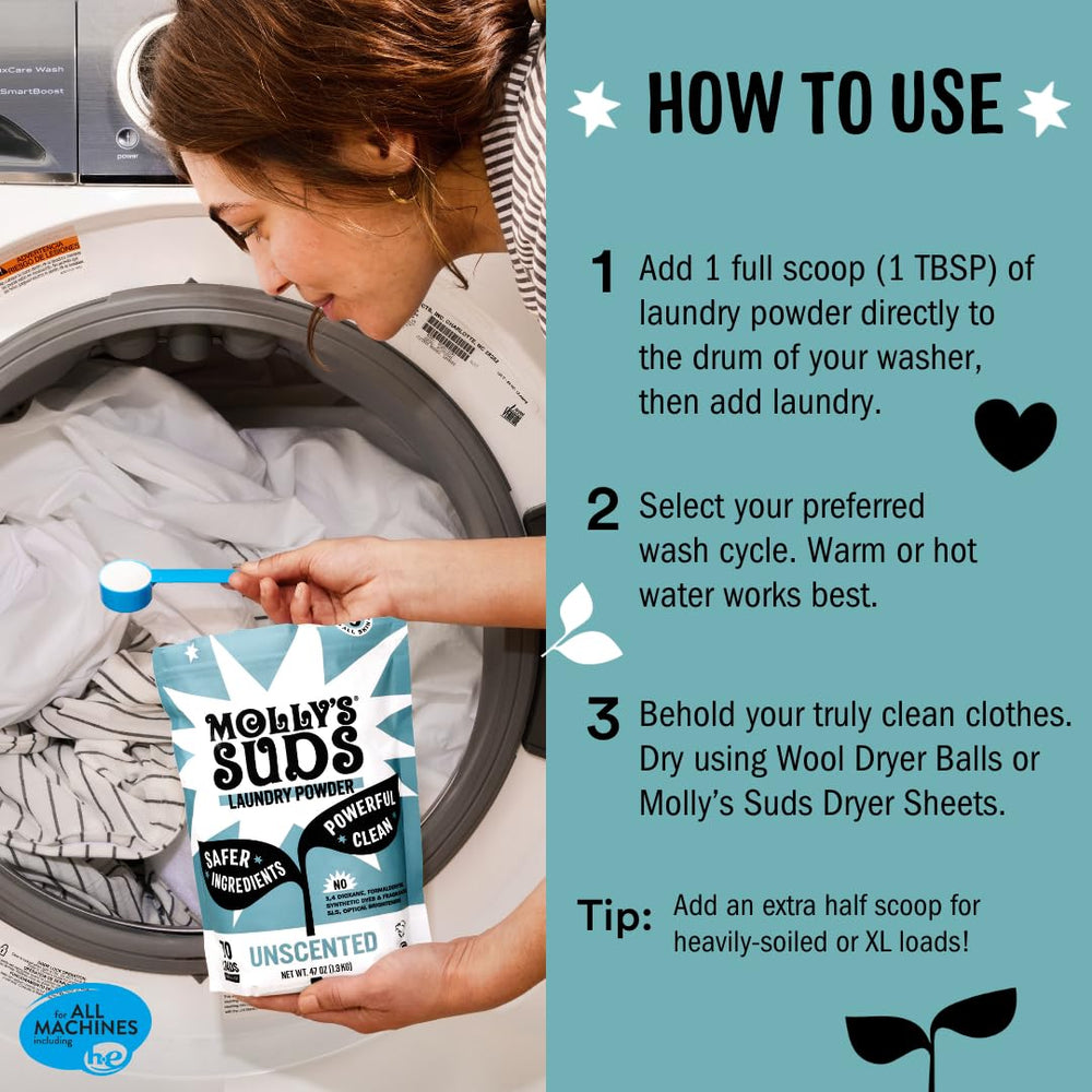 Washer with laundry being loaded alongside Molly's Suds, suggests HE compatibility and effectiveness