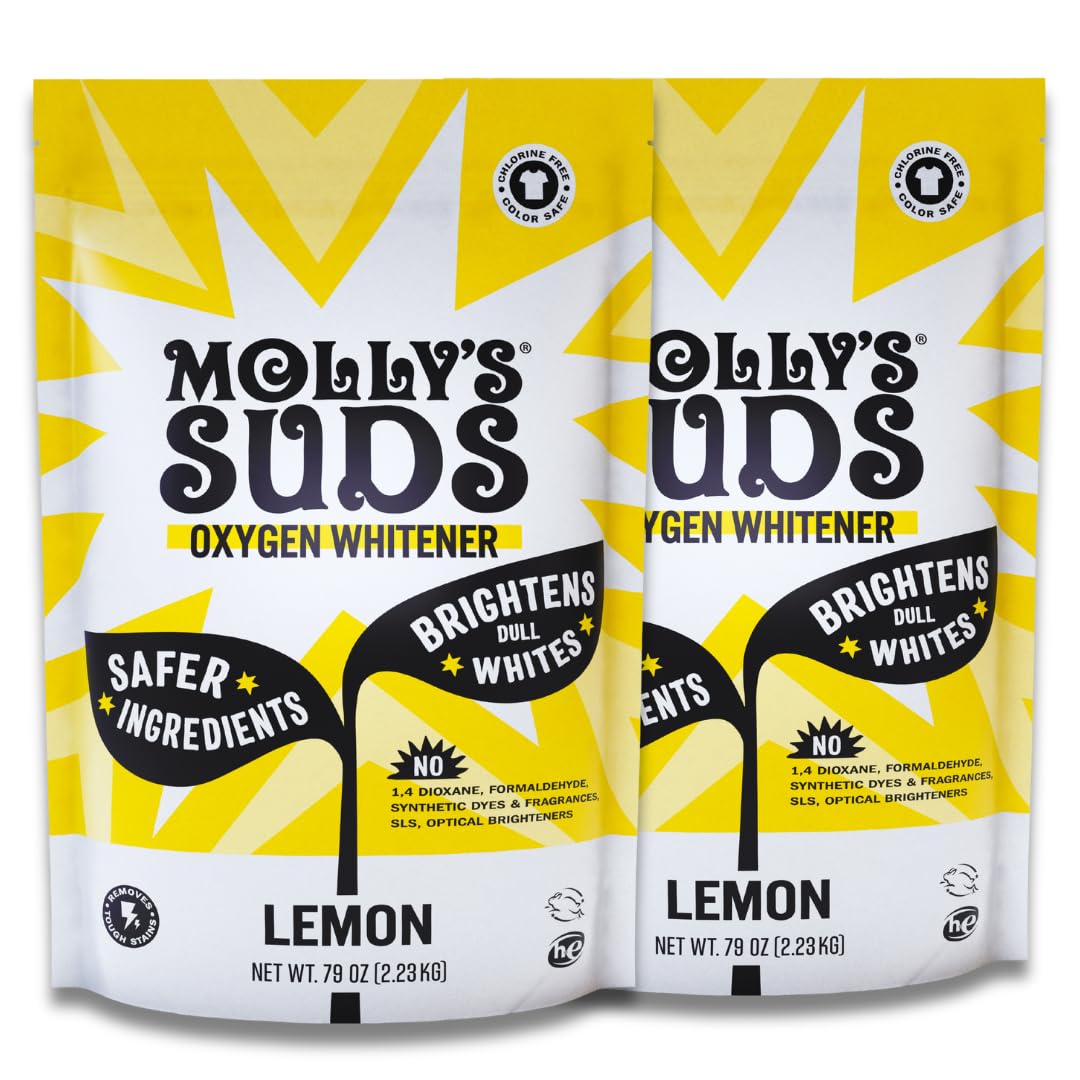 Molly's Suds front packaging showing bulk 158 oz bags and lemon scent benefit