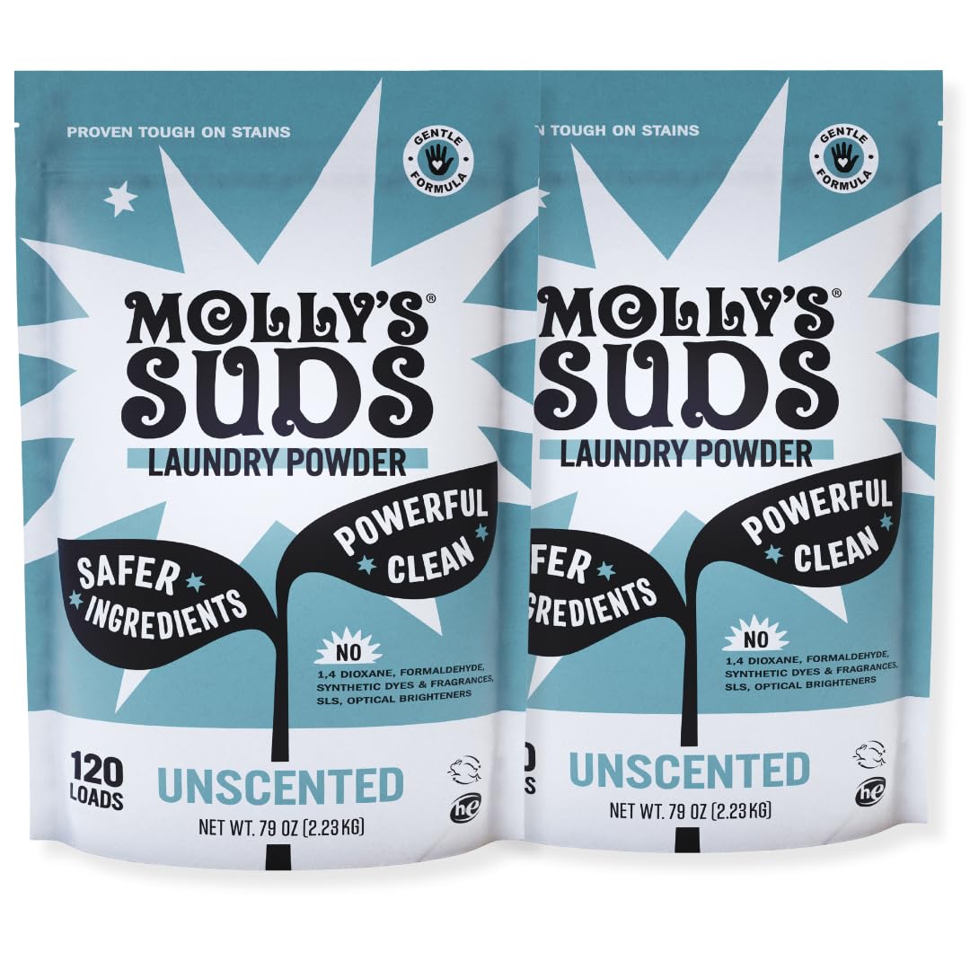 Molly's Suds front packaging showing unscented powder and load count, highlights clean formula