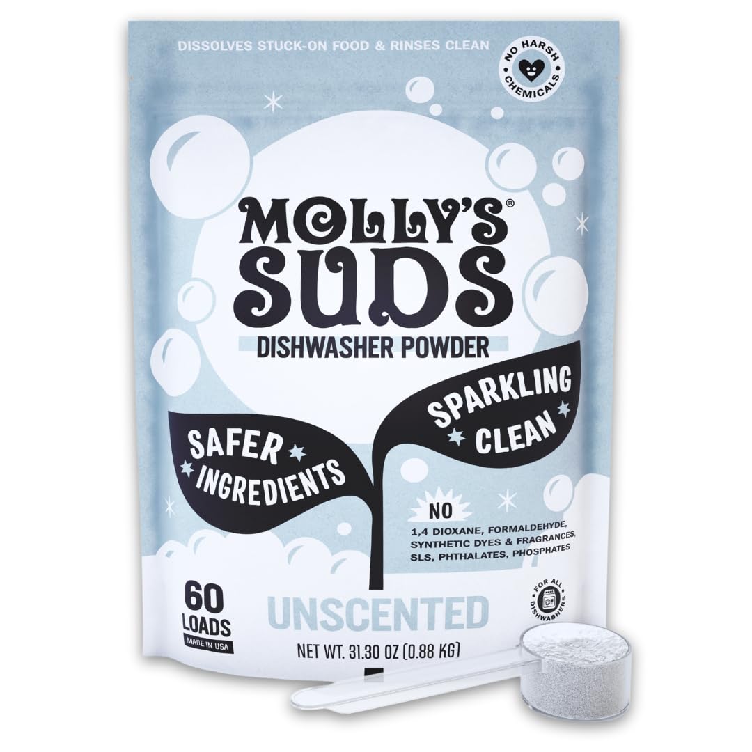 Molly's Suds front packaging showing unscented dishwasher powder and benefits