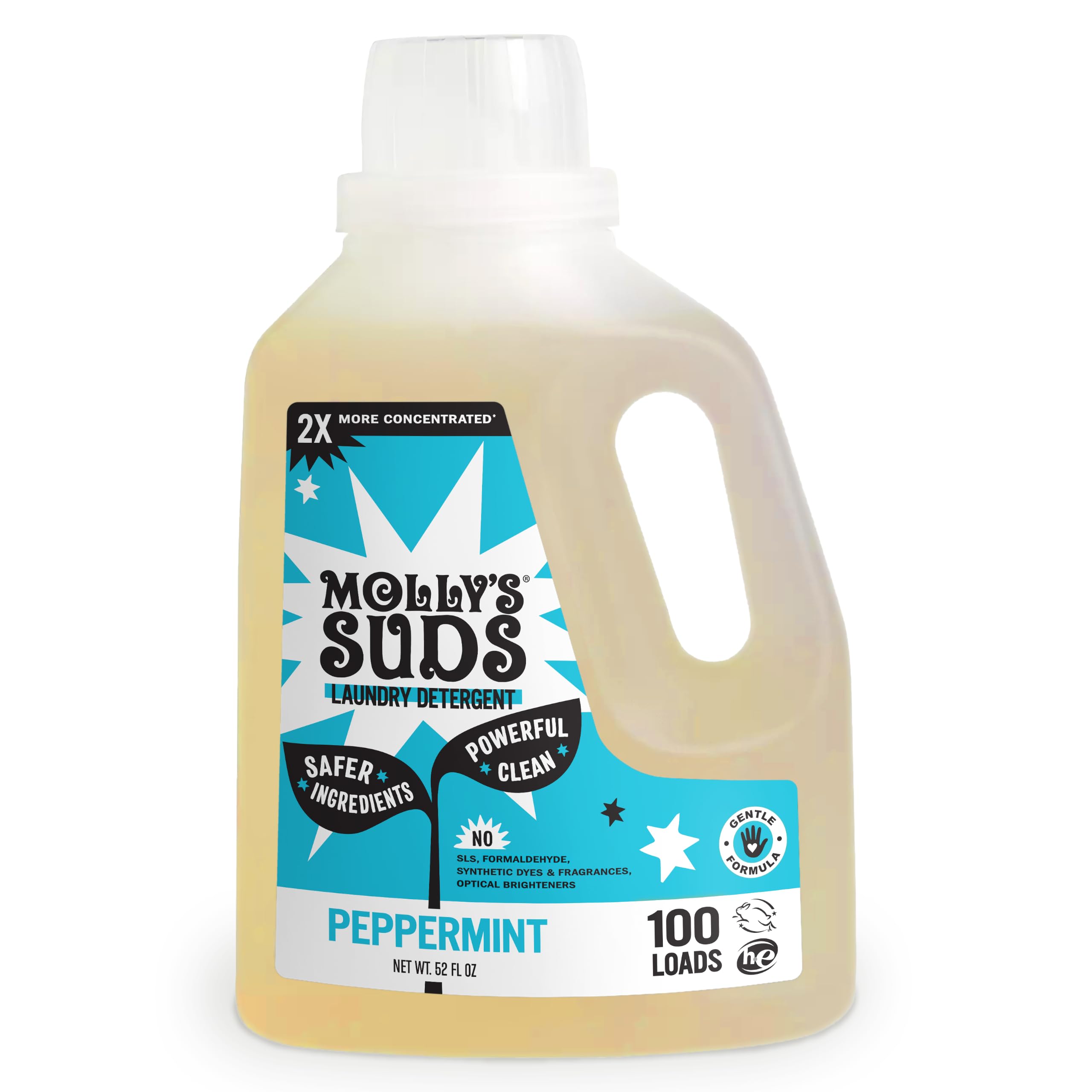 Molly's Suds front label showing peppermint scent and concentrated benefits