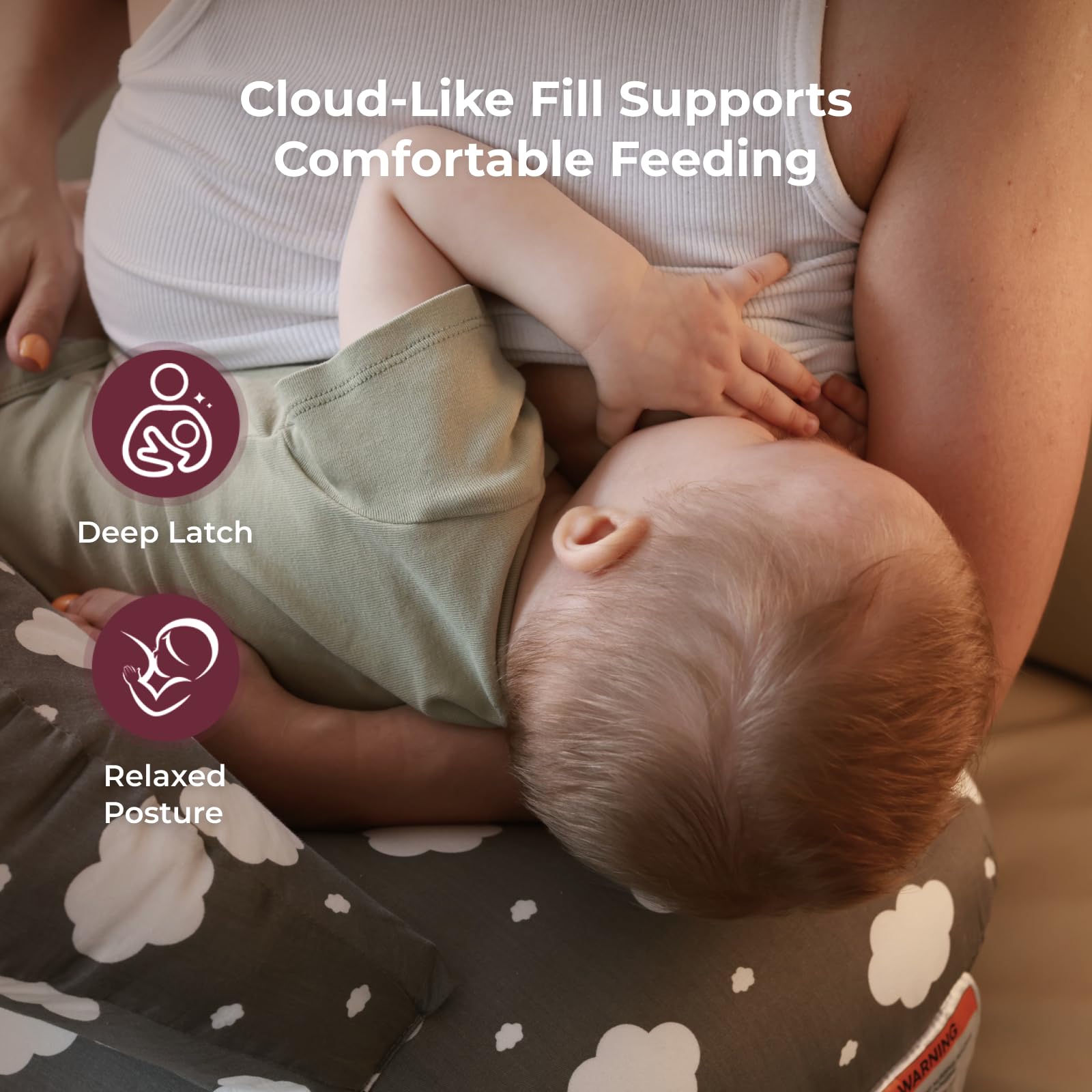 Momcozy baby in pillow during feeding promoting easier latch and calm