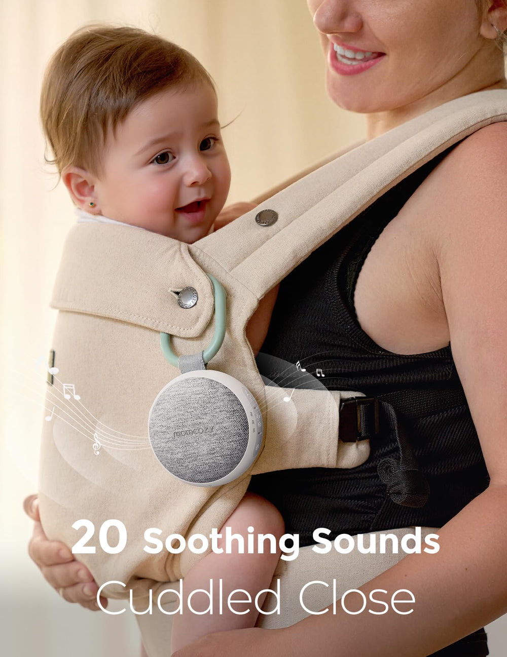 Momcozy clipped to a stroller frame keeping baby calm during walks and travel
