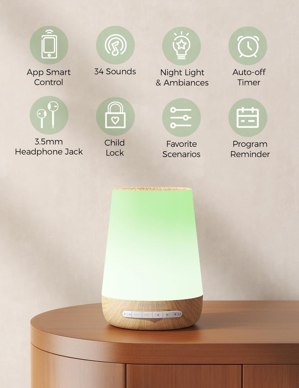 Momcozy close-up of soft-touch controls, easy bedside adjustments benefit