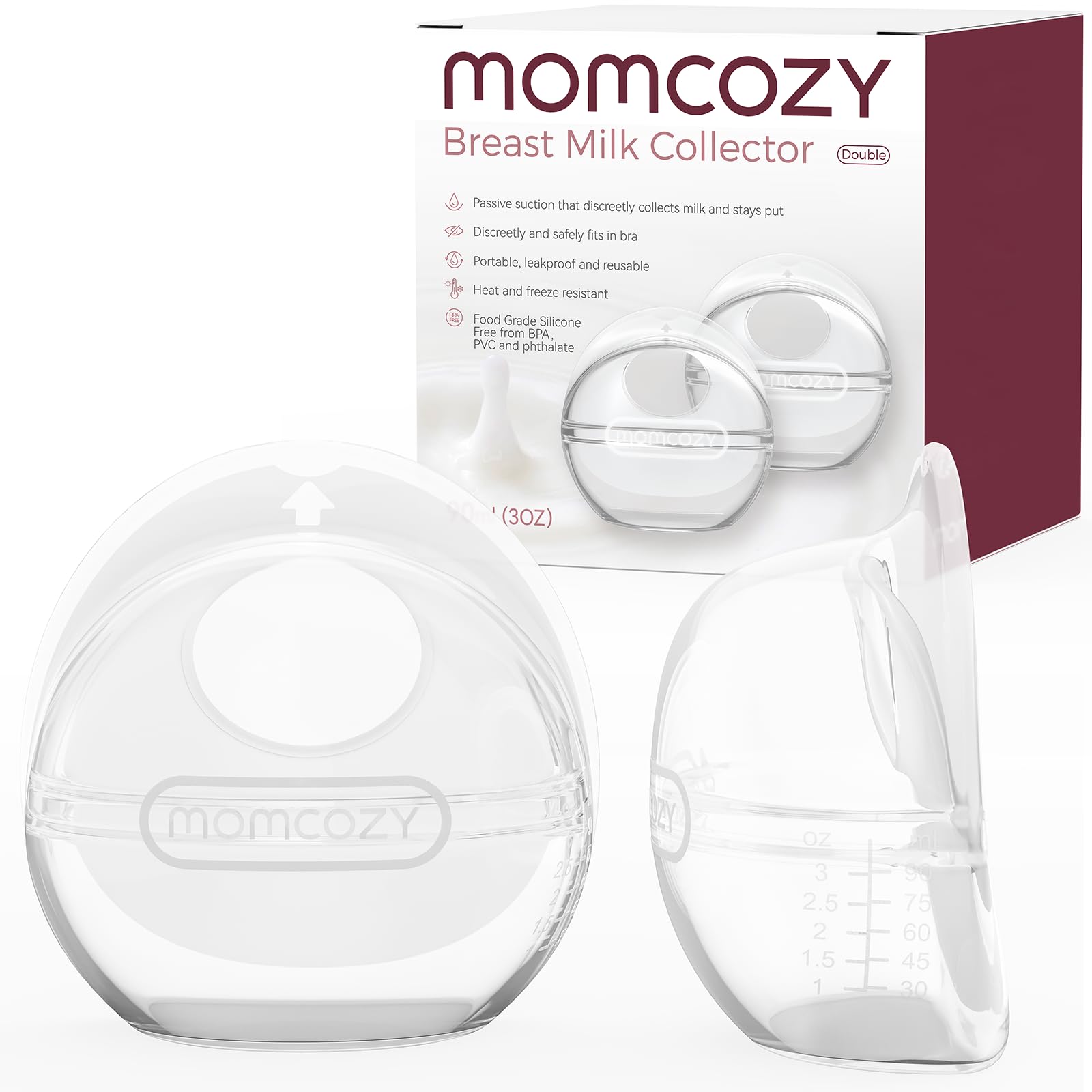 Momcozy collector front view showing shape and capacity, comfortable capture