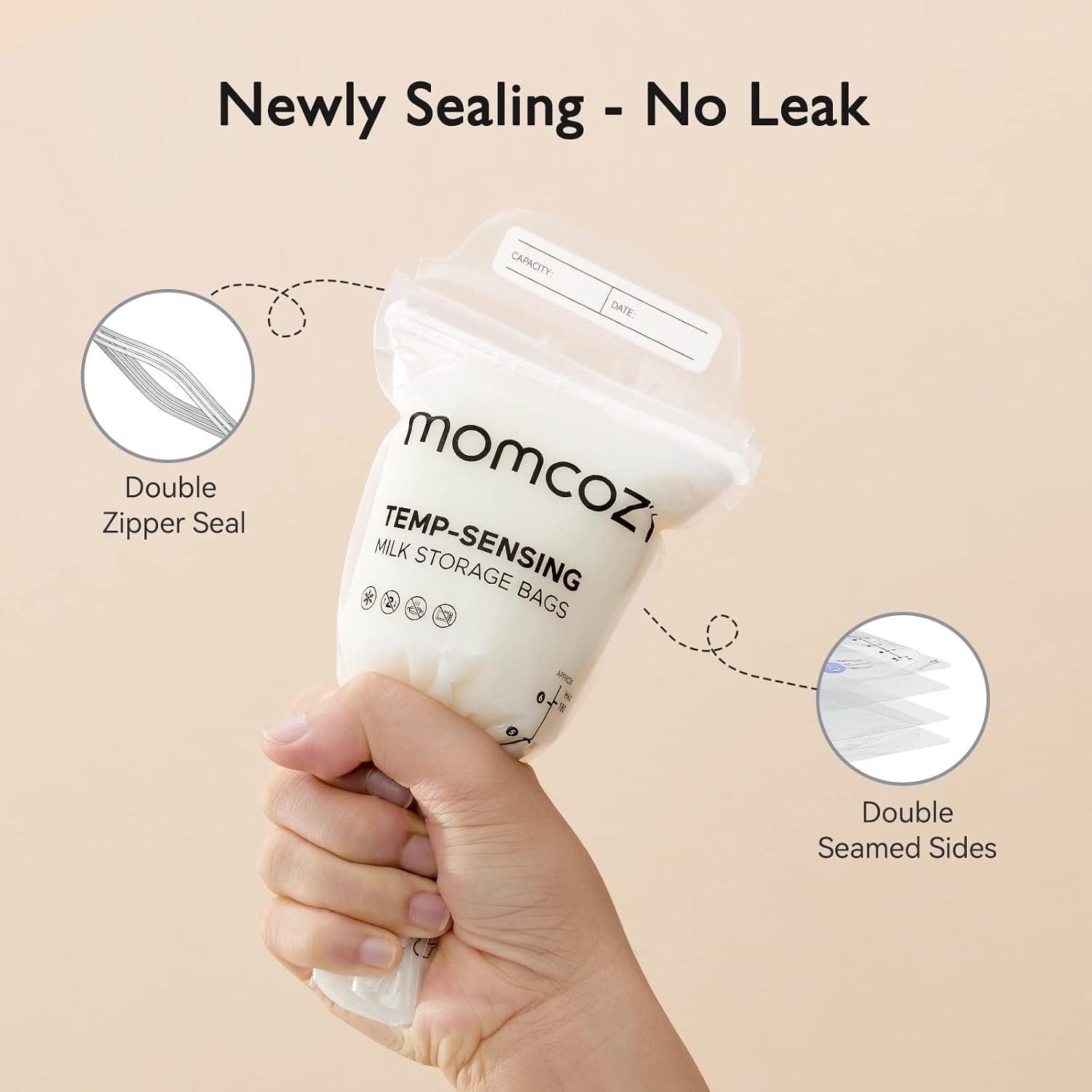 Momcozy double zipper detail demonstrating leak-proof sealing benefit