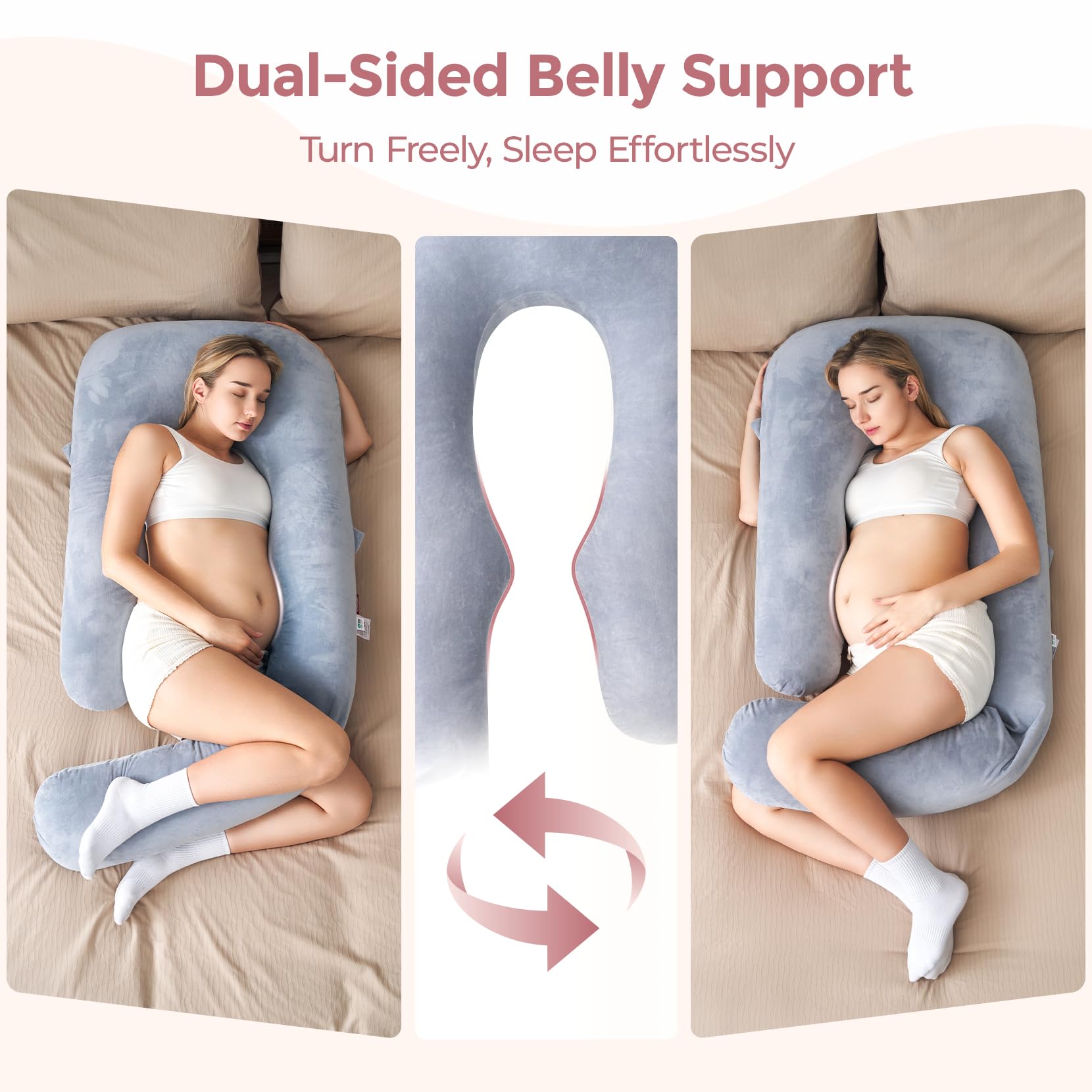 Extended Momcozy pillow beside ruler showing adjustable 50 to 72 inch length