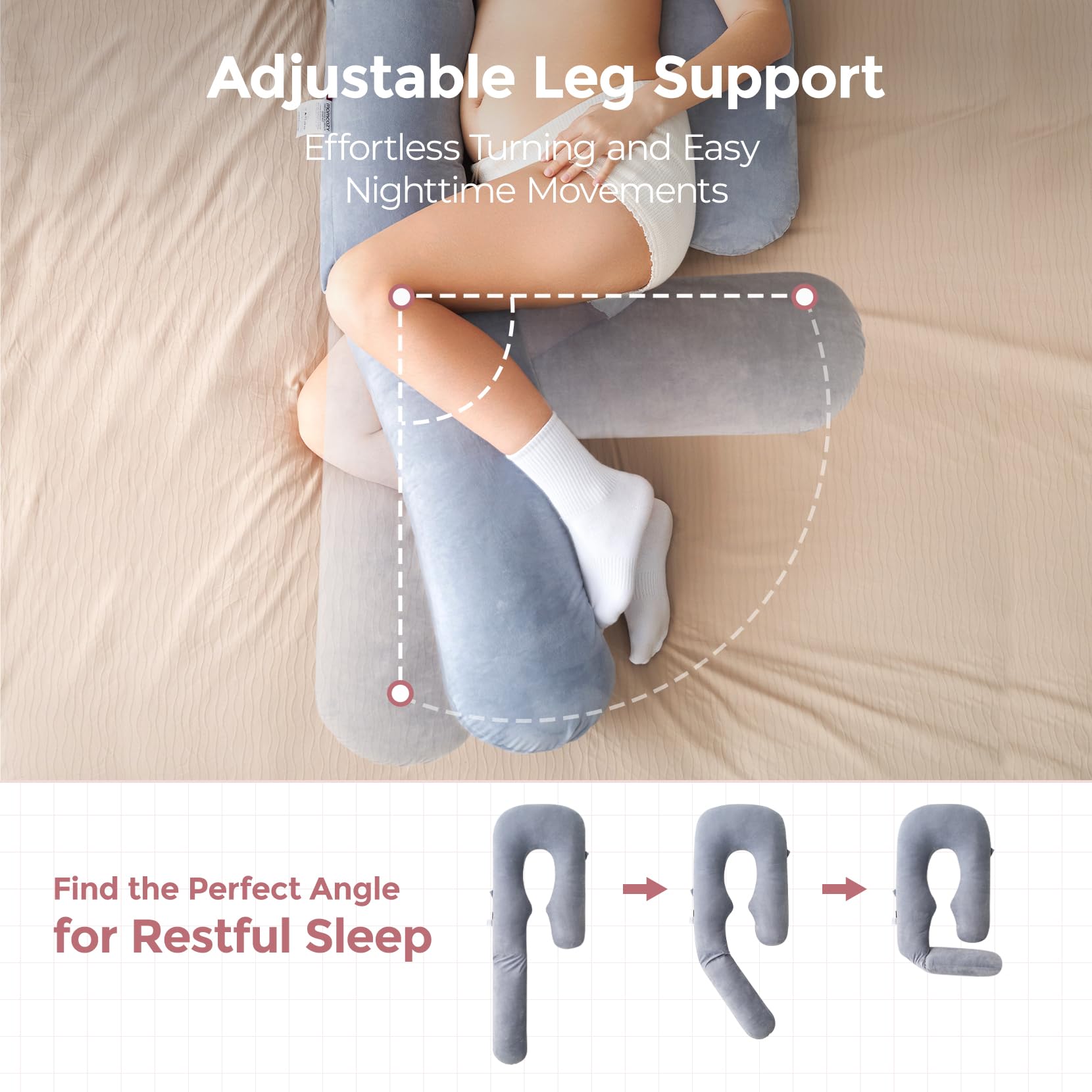 Momcozy pillow in bed with side sleeper illustrating improved spinal alignment
