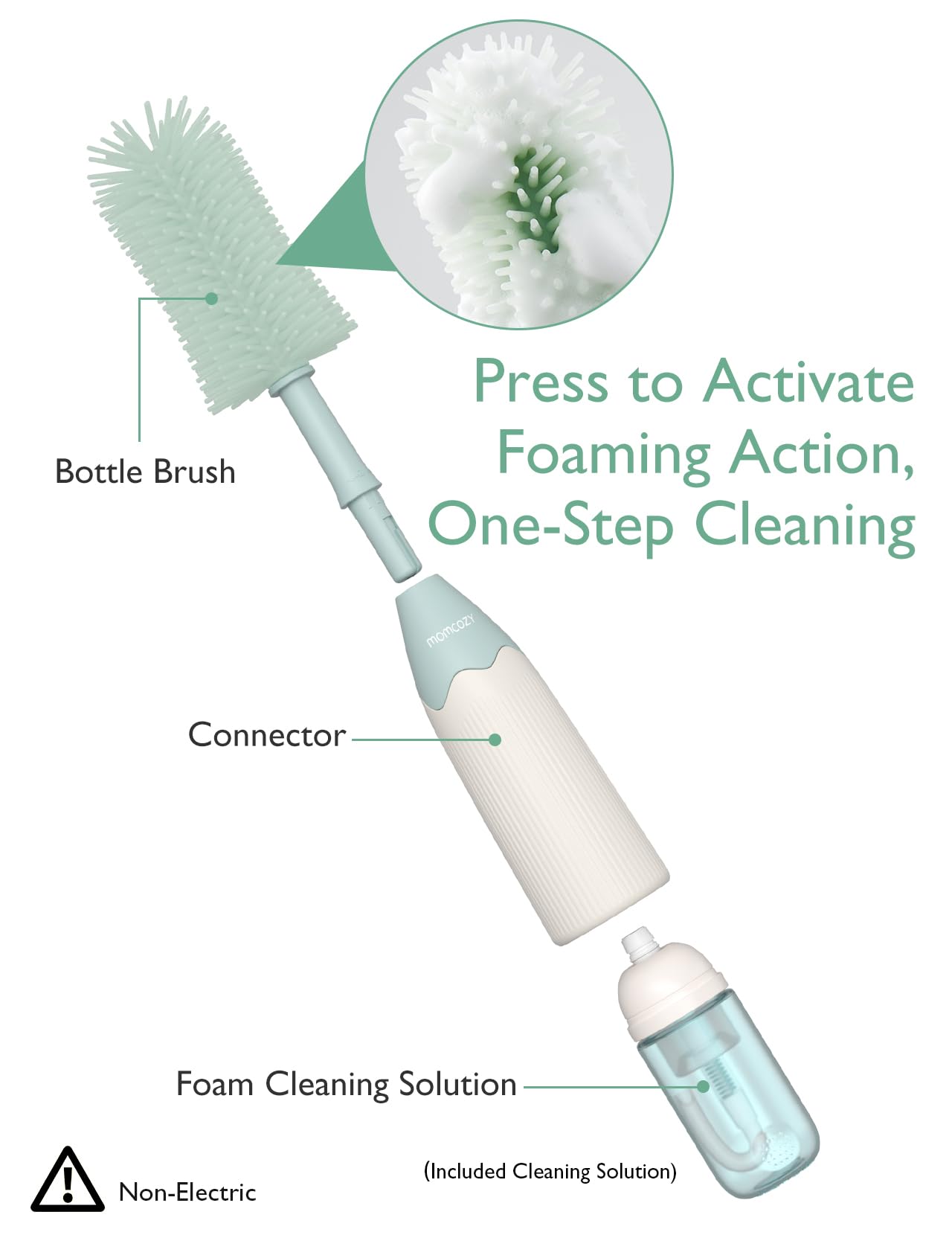 Momcozy close-up of push-press foam mechanism producing dense foam for faster cleaning