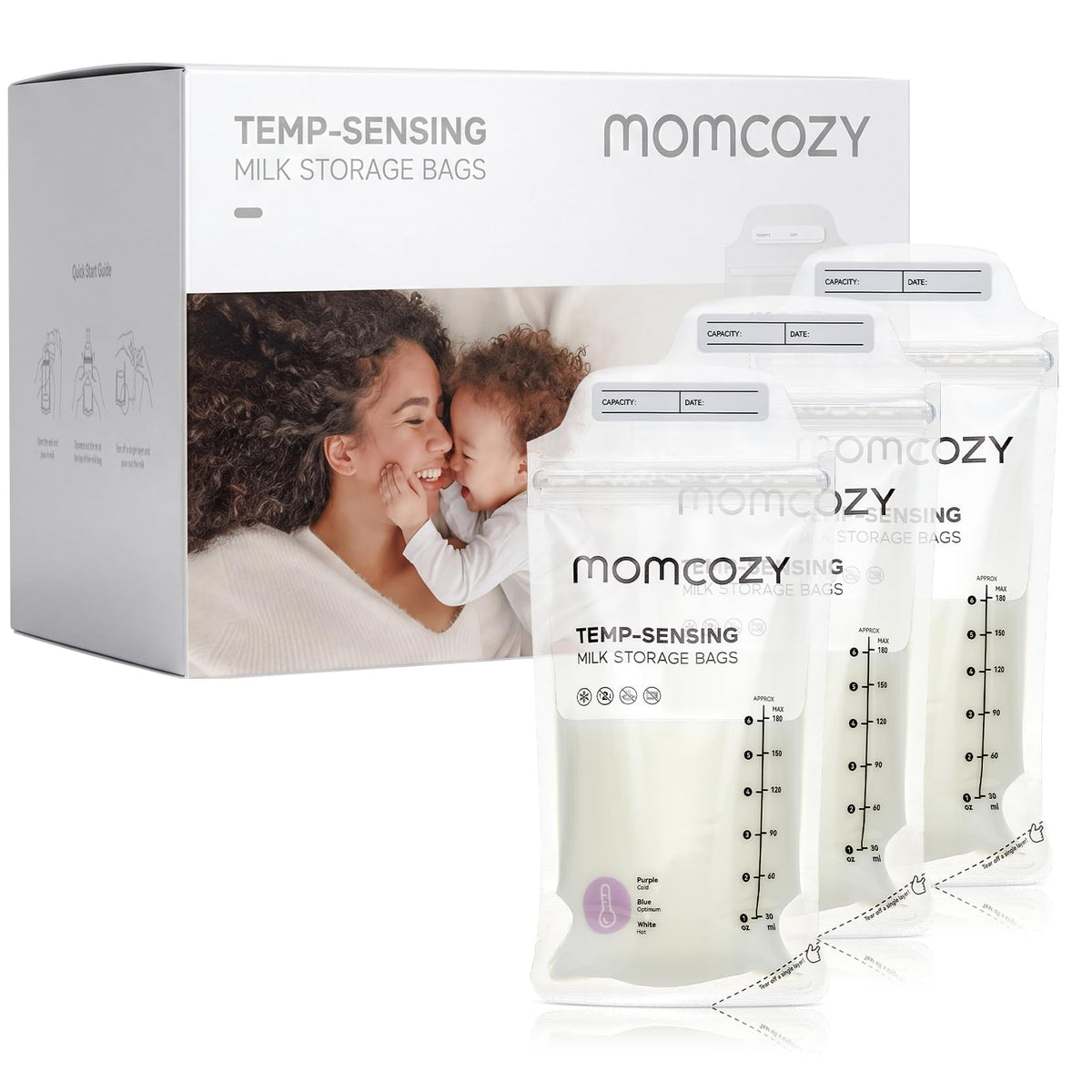 Momcozy front packaging showing 200-pack and benefits for easy planning