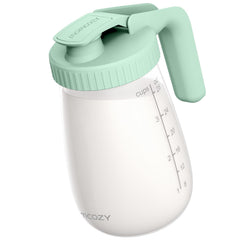 Momcozy front view of glass pitcher showing capacity and ergonomic handle benefit