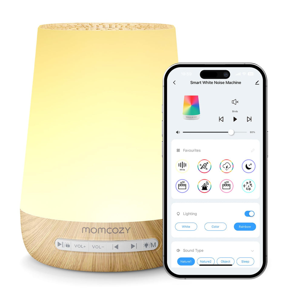 Momcozy front view showing sleek unit and plug, calming nursery benefit