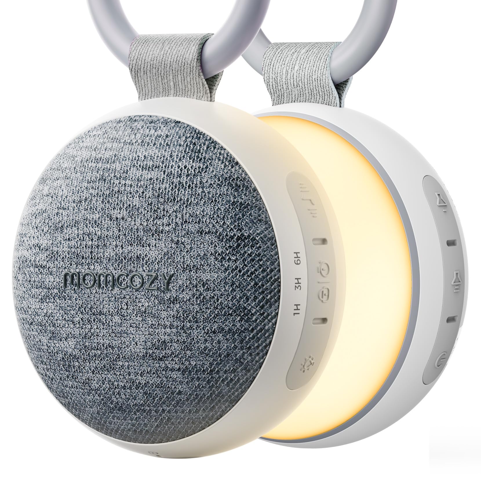 Momcozy front view showing compact white device and clip for portable sleep support