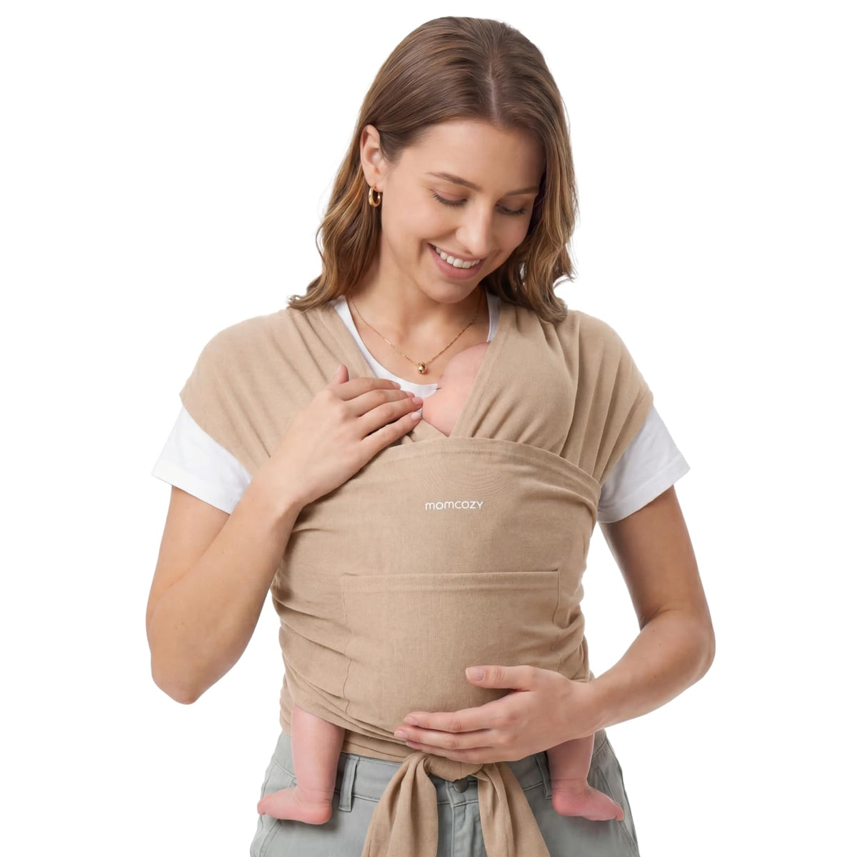 Momcozy front view wrap carrier showing full coverage and easy wear benefit
