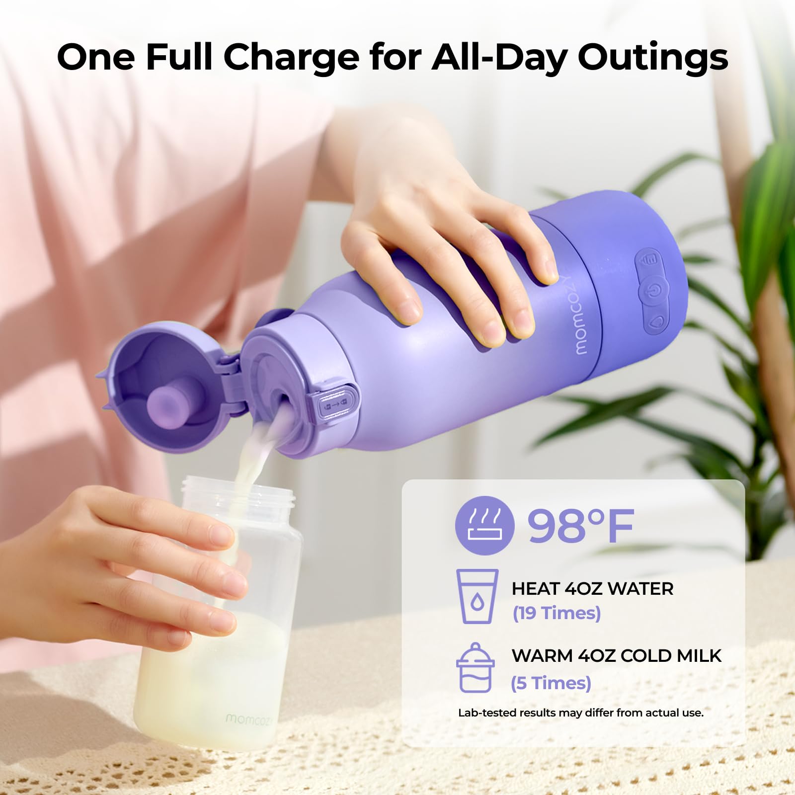 Momcozy placed in car cupholder for on-the-go bottle warming advantage