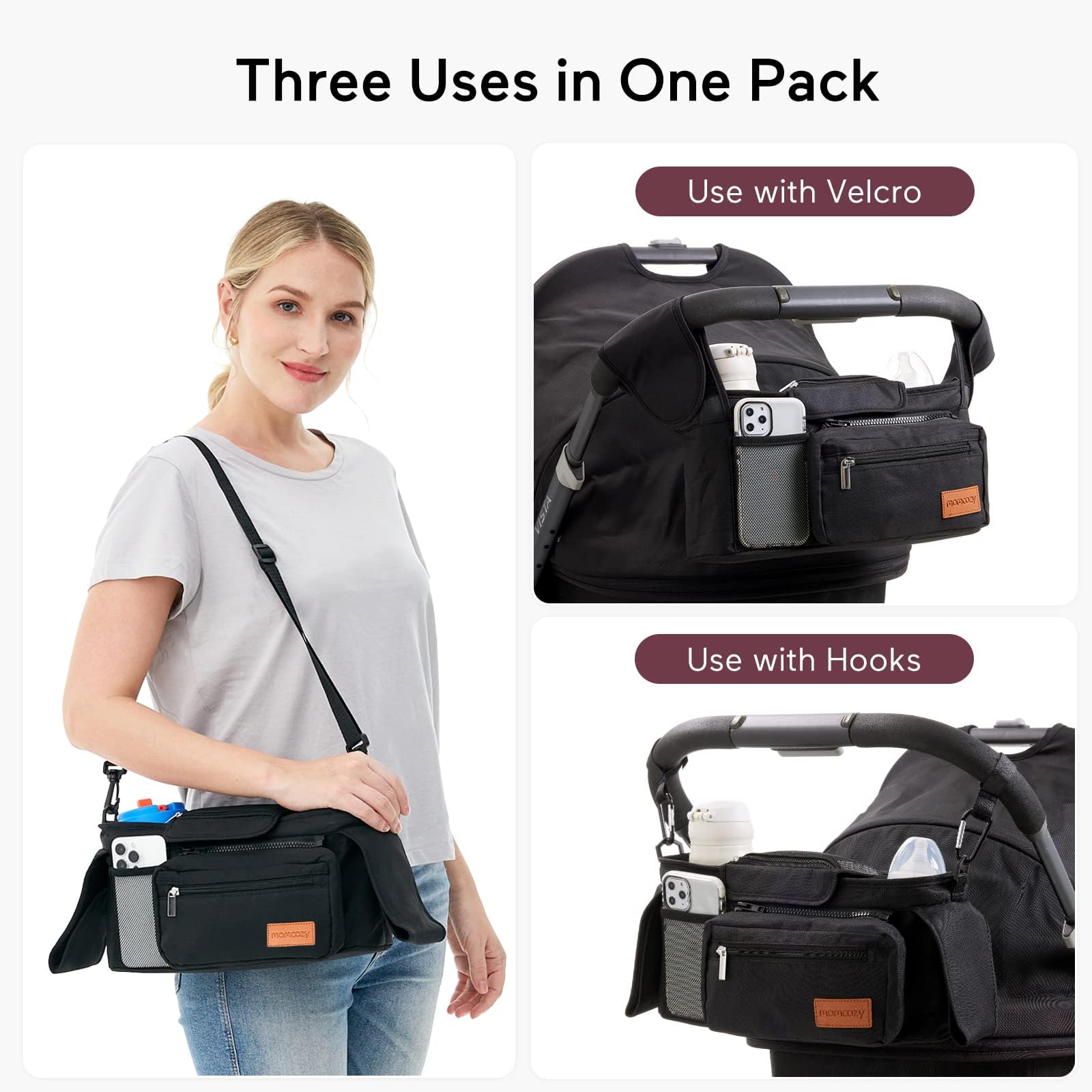 Momcozy interior partitions and pockets organizing bottles, phone, and wallet efficiently