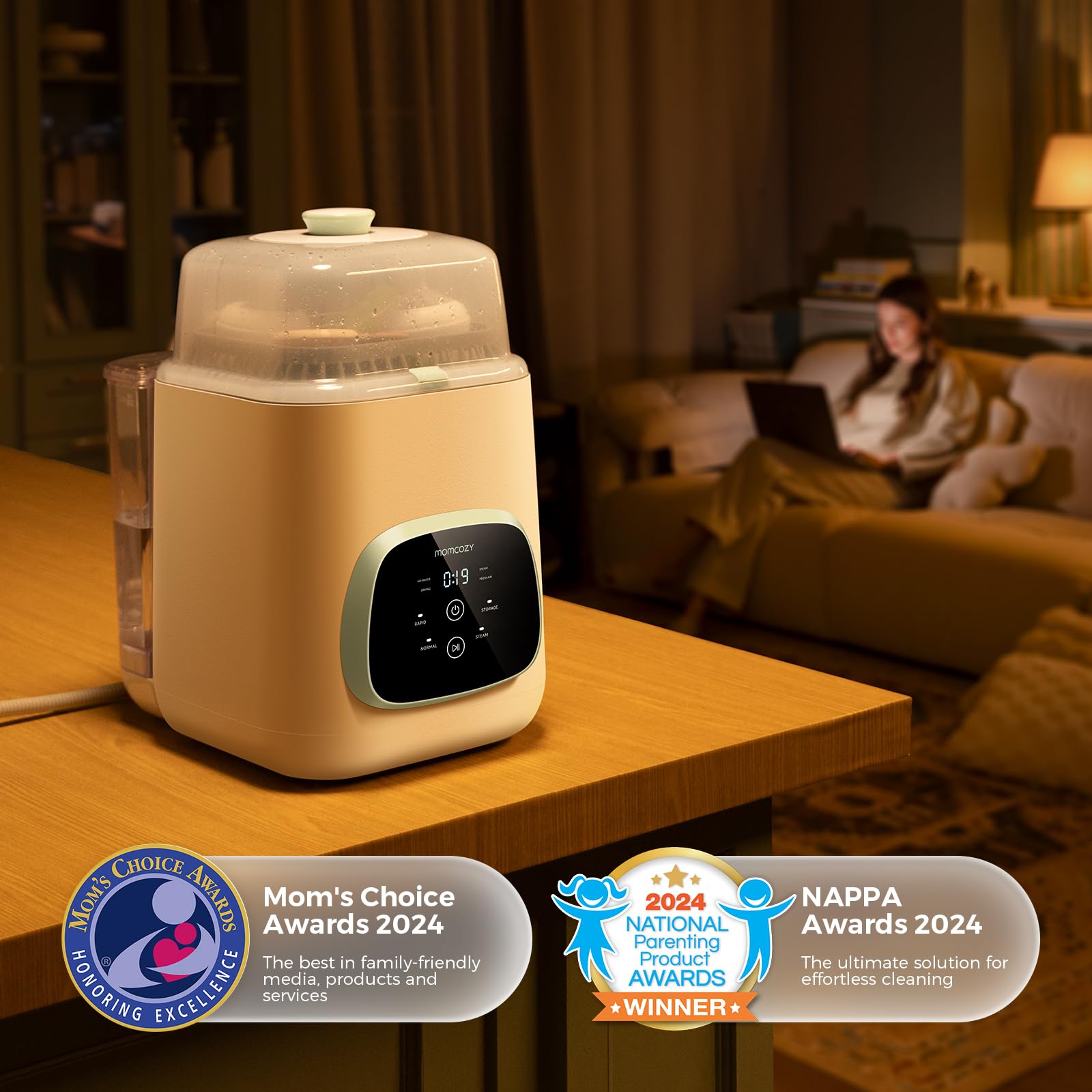 Momcozy KleanPal Pro interior with bottles drying under purified airflow