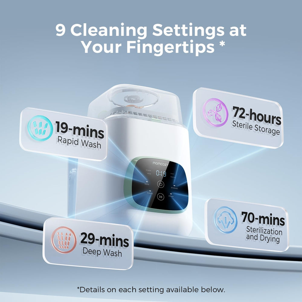 Momcozy loaded with bottles showing simultaneous wash and drying efficiency