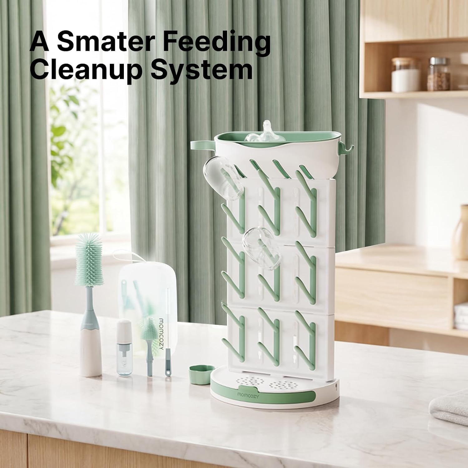 Momcozy narrow tube brush cleaning a reusable straw to remove trapped residue
