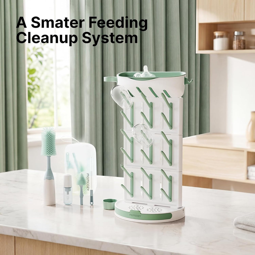 Momcozy narrow tube brush cleaning a reusable straw to remove trapped residue