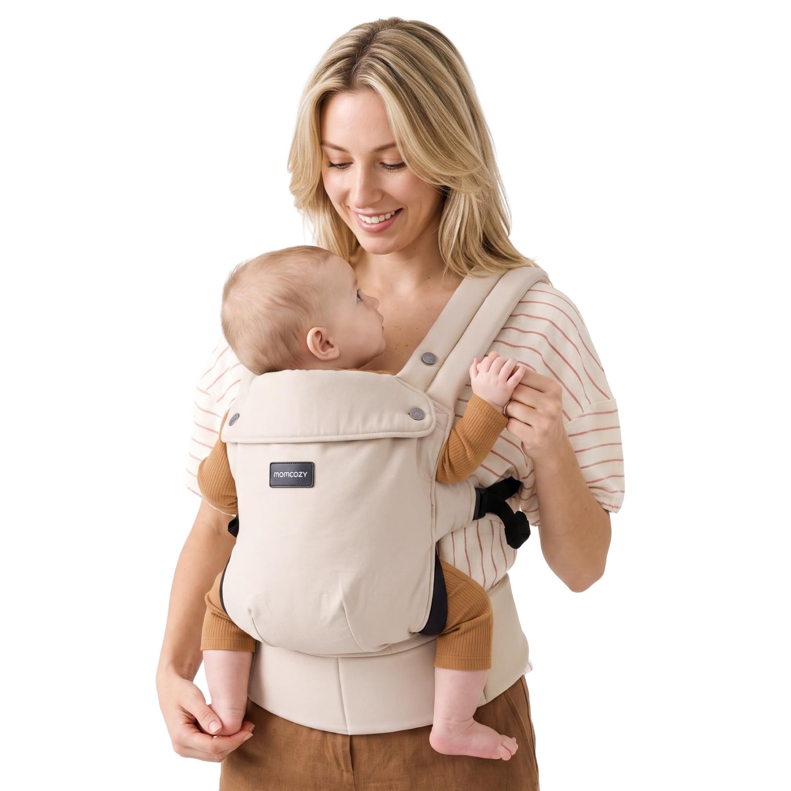 Momcozy carrier front view showing ergonomic seat and neat finish for comfort