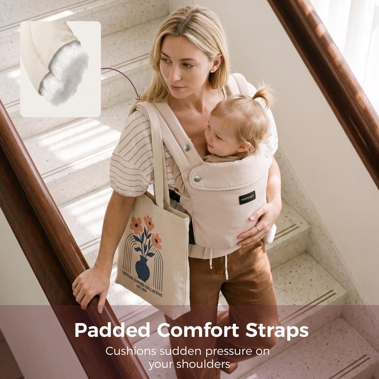 Momcozy worn by parent on park walk lifestyle image showing hands‑free convenience
