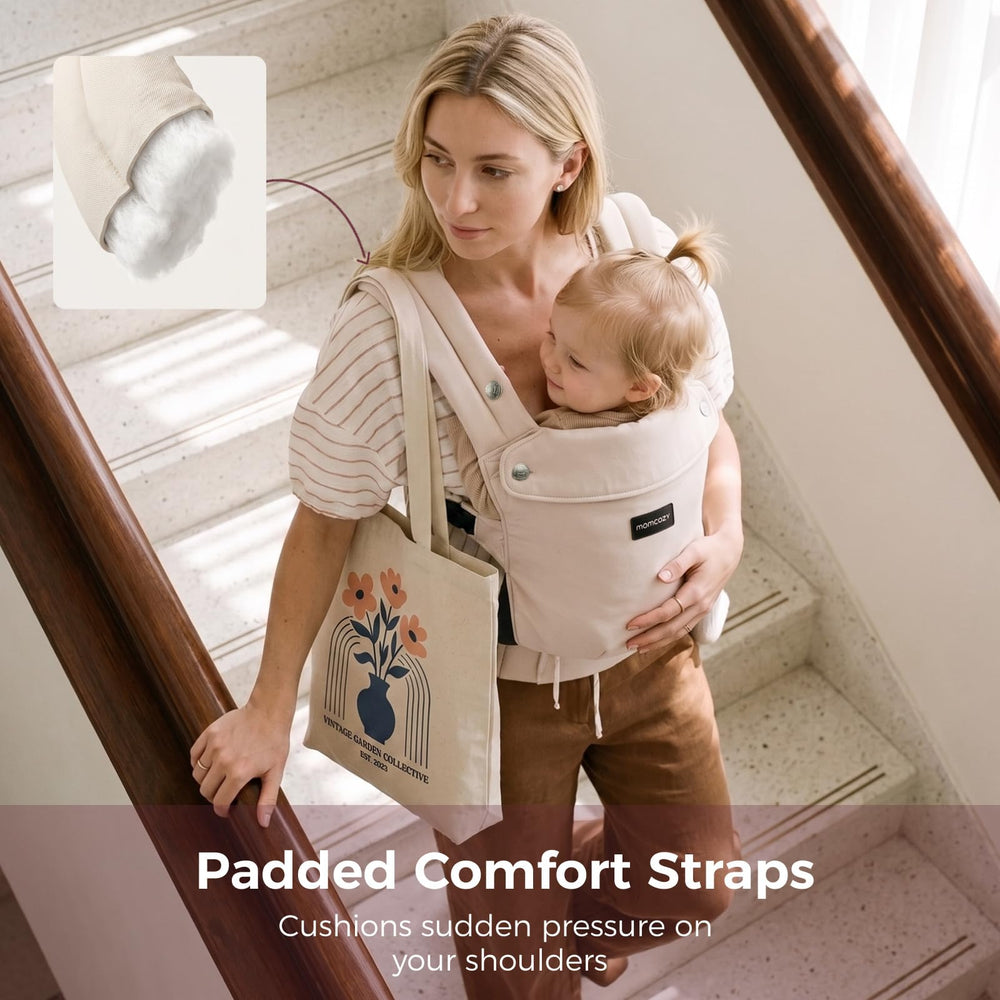 Momcozy worn by parent on park walk lifestyle image showing hands‑free convenience